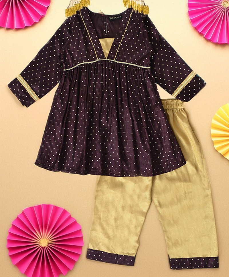 Bella Moda Full Sleeves Lace Embellished & Polka Dots Foil Printed Coordinating Kurta With Salwar - Brown-image-44