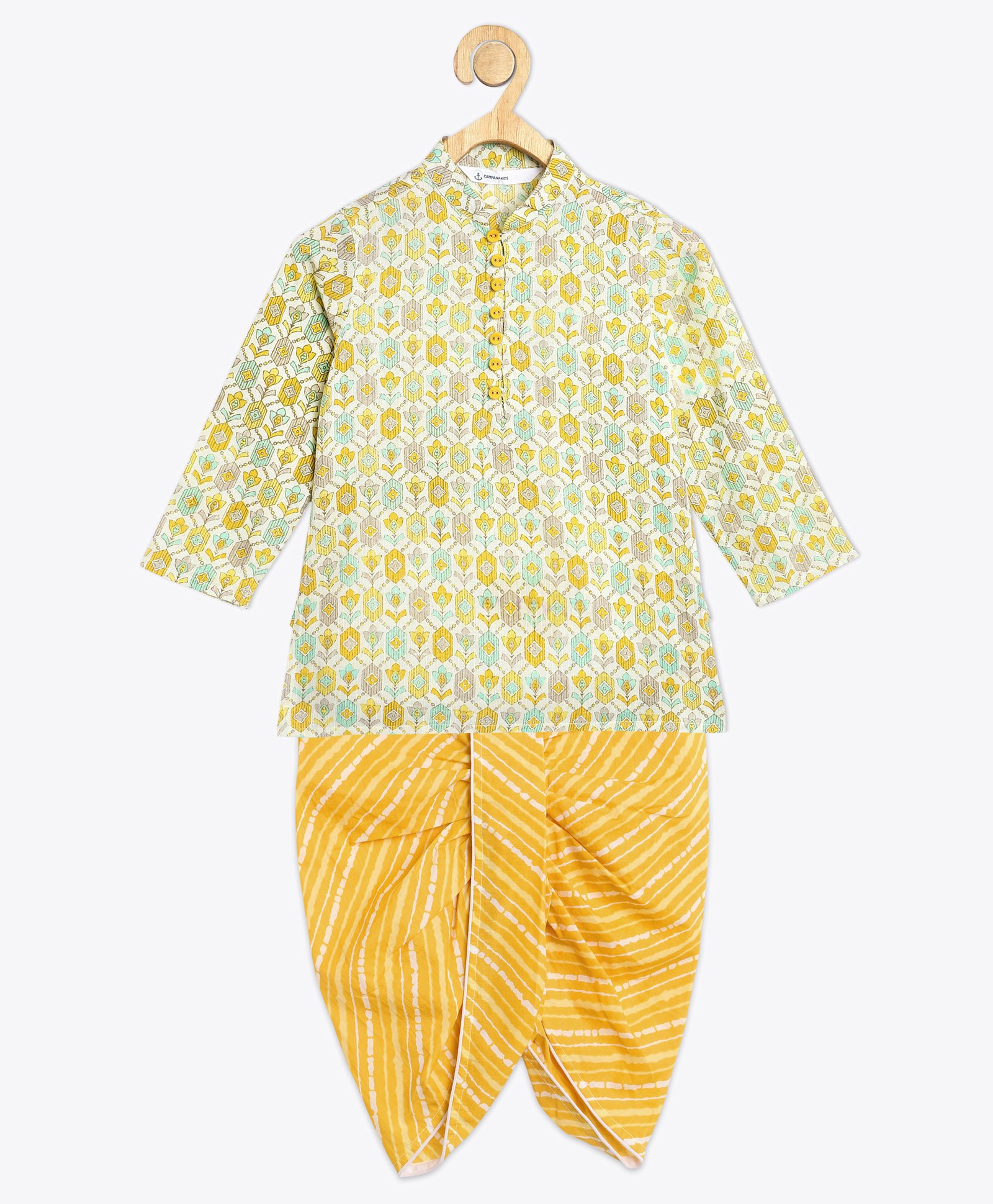 Campana 100% Cotton Full Sleeves Geometric & Leheriya Printed Dhoti Kurta Set - Yellow & Off White-picture-28