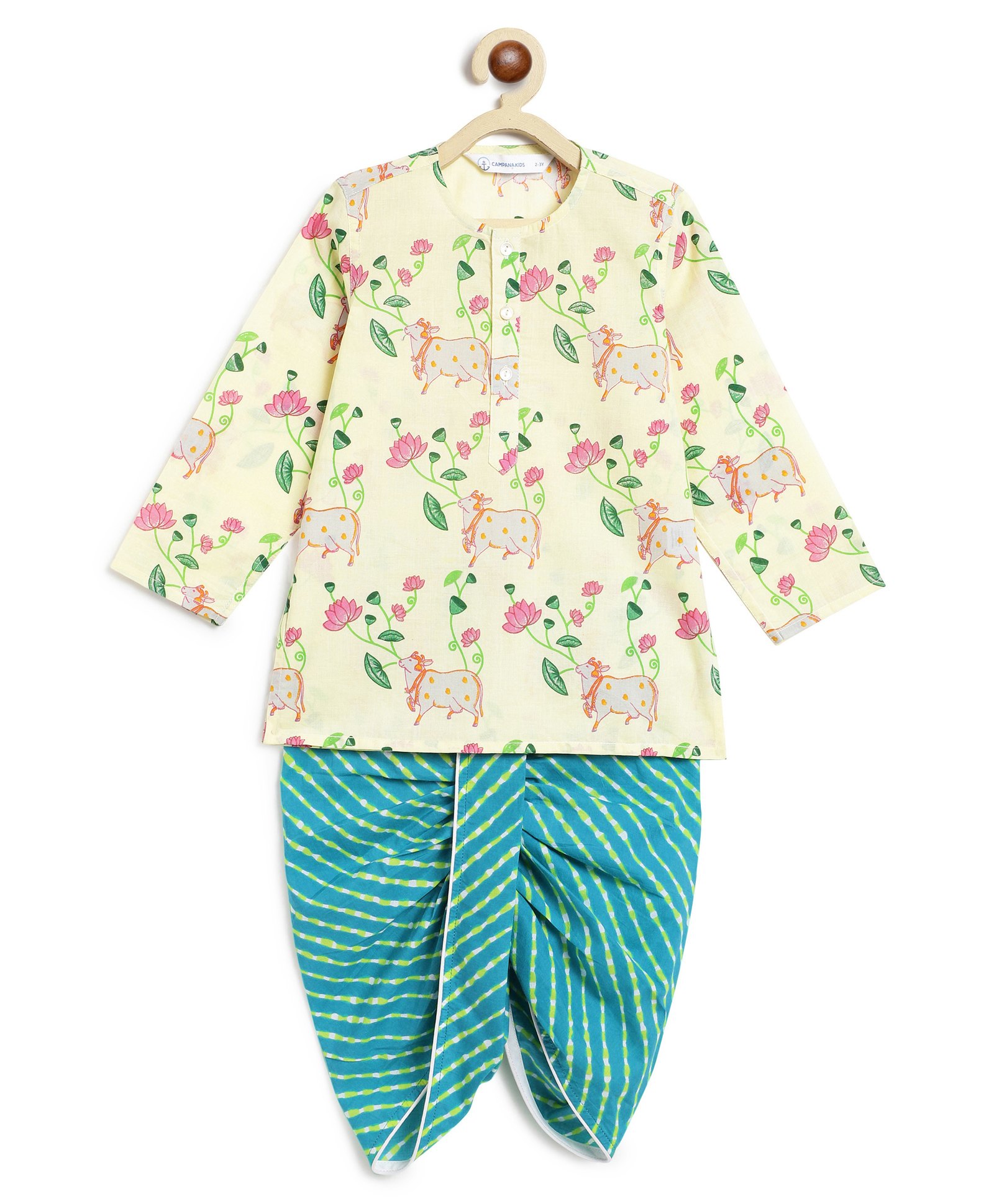 Campana 100% Cotton Full Sleeves Cows & Lotus Printed Dhoti Kurta Set - Off White & Green-picture-36