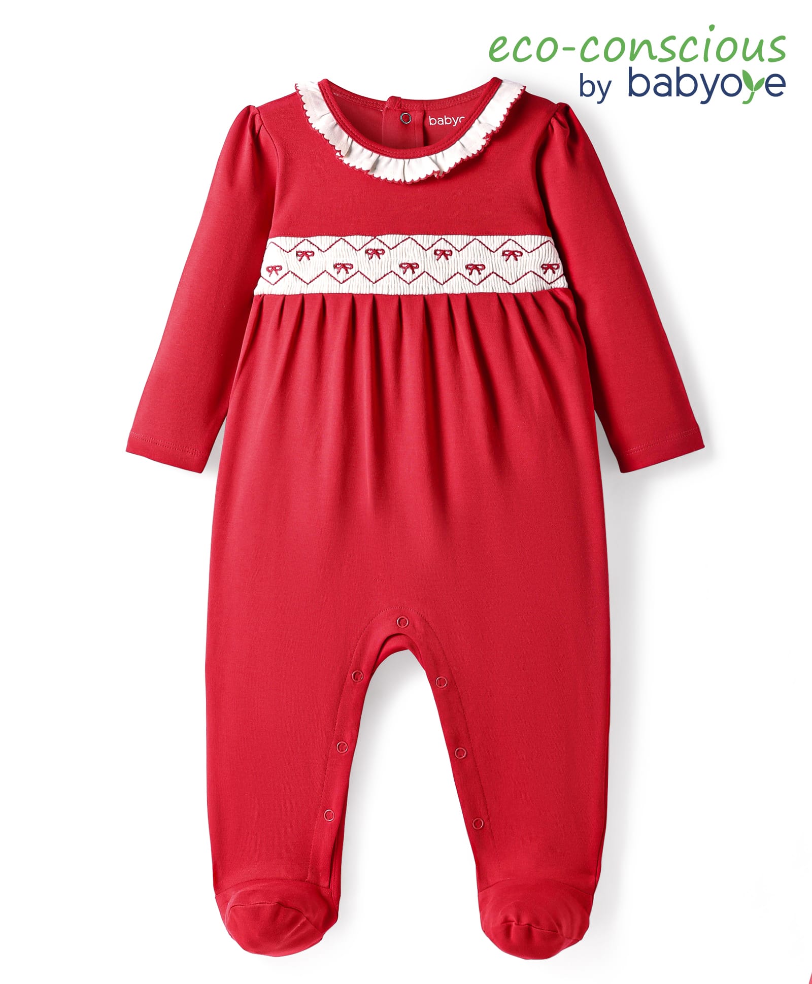Babyoye 100% Cotton Knit Full Sleeves Footed Sleep Suit with Bow Print & Frill Detailing - Red-picture-9