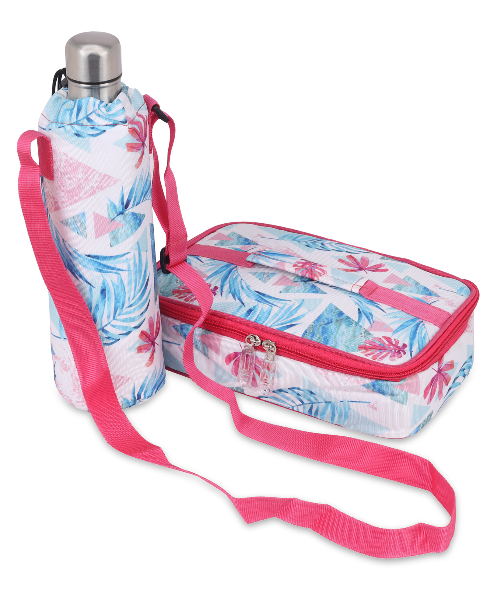 Echo Boomers Flower Designed Large Insulated Lunch Bag with Mesh Compartment & Water Bottle Combo - Sky Blue-image-30