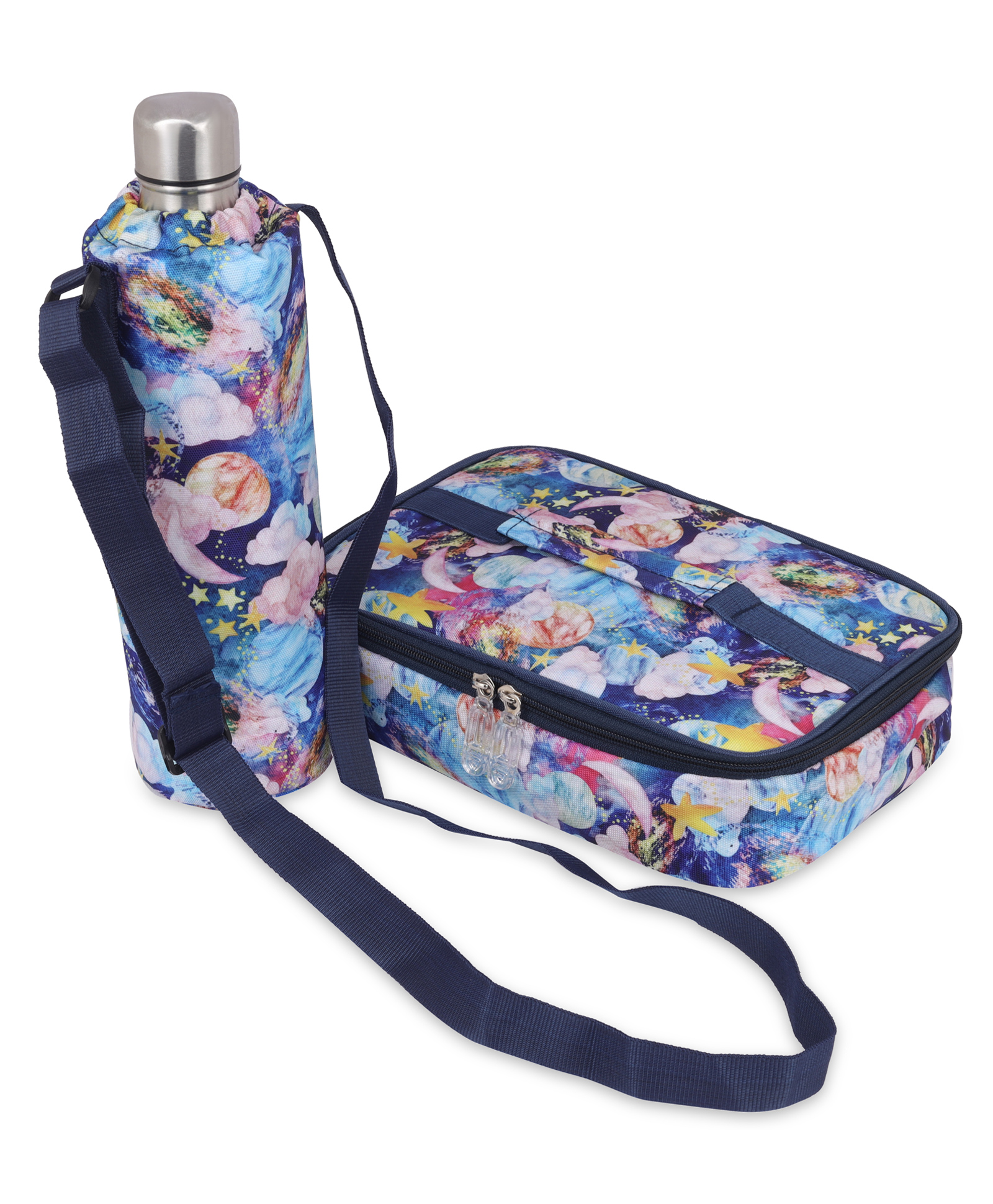 Echo Boomers Multi-Color Clouds Theme Printed Large Insulated Lunch Bag with Mesh Compartment & Water Bottle Combo - Navy Blue-image-39