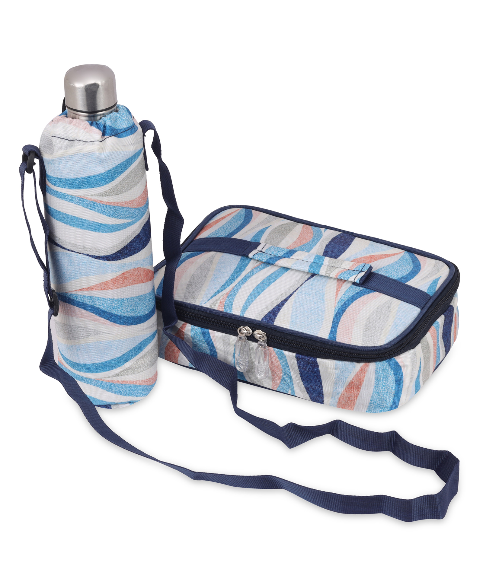Echo Boomers Stripes Theme Printed Large Insulated Lunch Bag with Mesh Compartment & Water Bottle Combo - Sky Blue-image-32