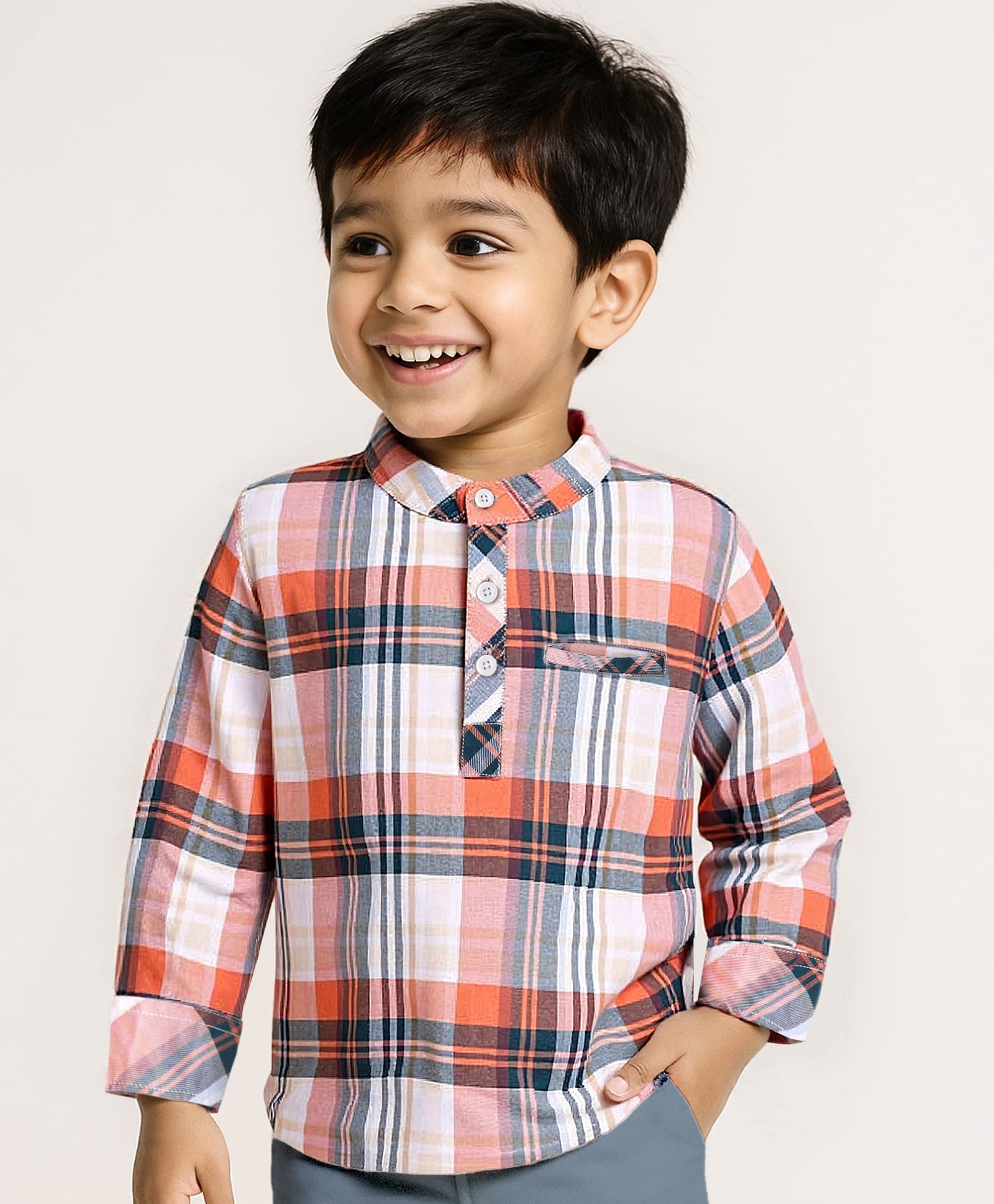 Babyhug Cotton Woven Full Sleeves Kurta Shirt with Checks - Coral & White-image-26