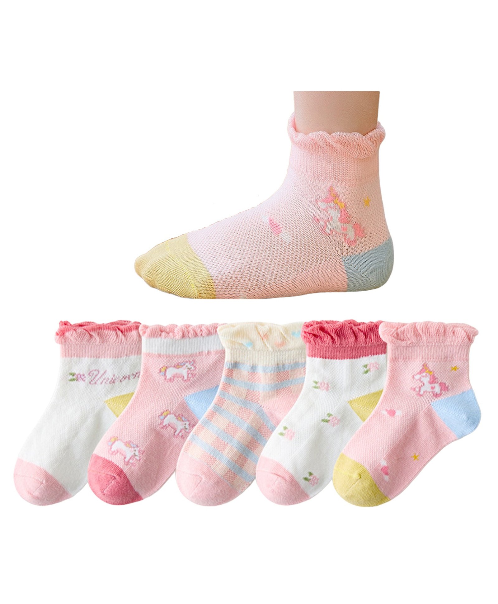 ZQBIEE Pack Of 5 Unicorn & Floral Designed Colour Blocked Socks - Multi Colour-image-21