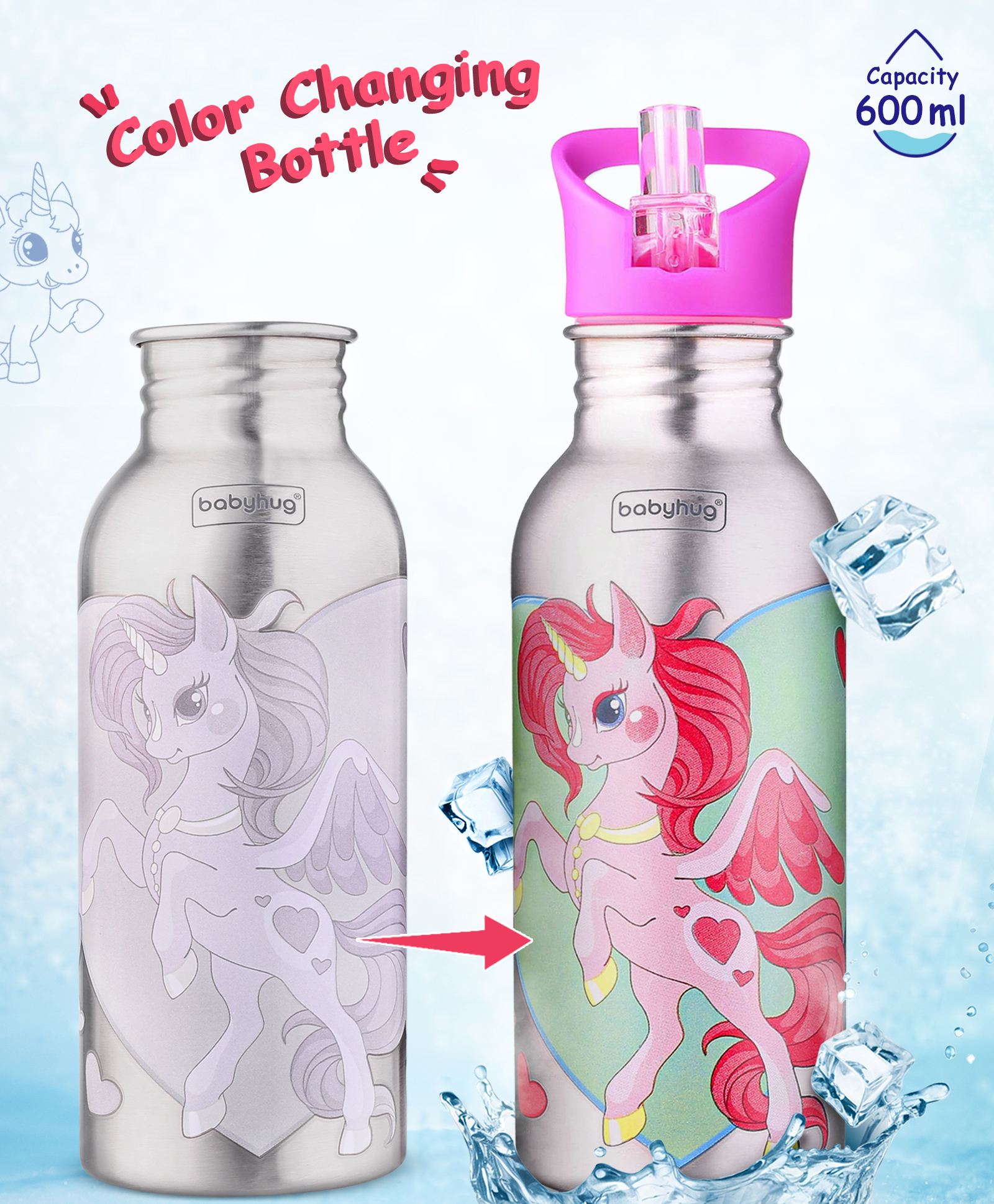 Babyhug Unicorn Theme Stainless Steel Color Changing Magic Bottle Pink - 600 ml