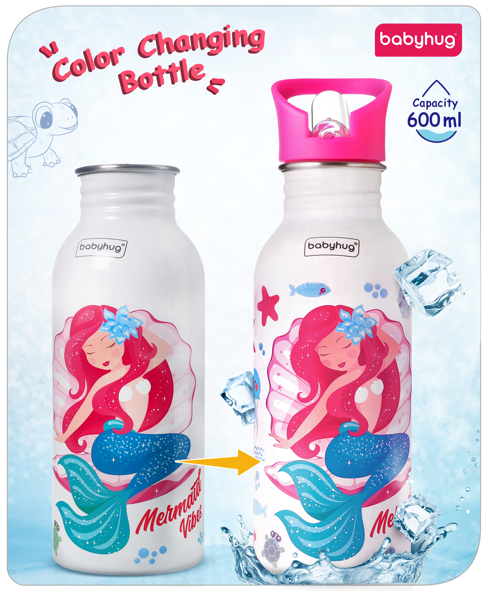 Babyhug Mermaid Theme Stainless Steel Color Changing Magic Bottle Pink - 600 ml
