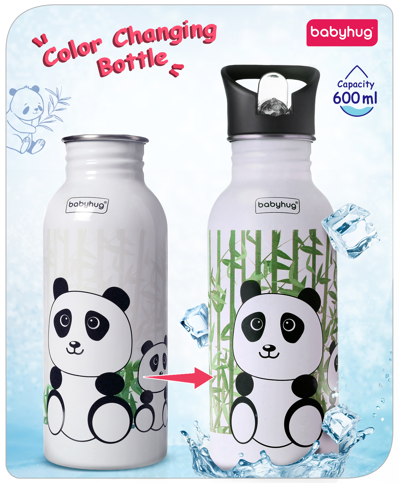 Babyhug Panda Theme Stainless Steel Color Changing Magic Bottle White - 600 ml