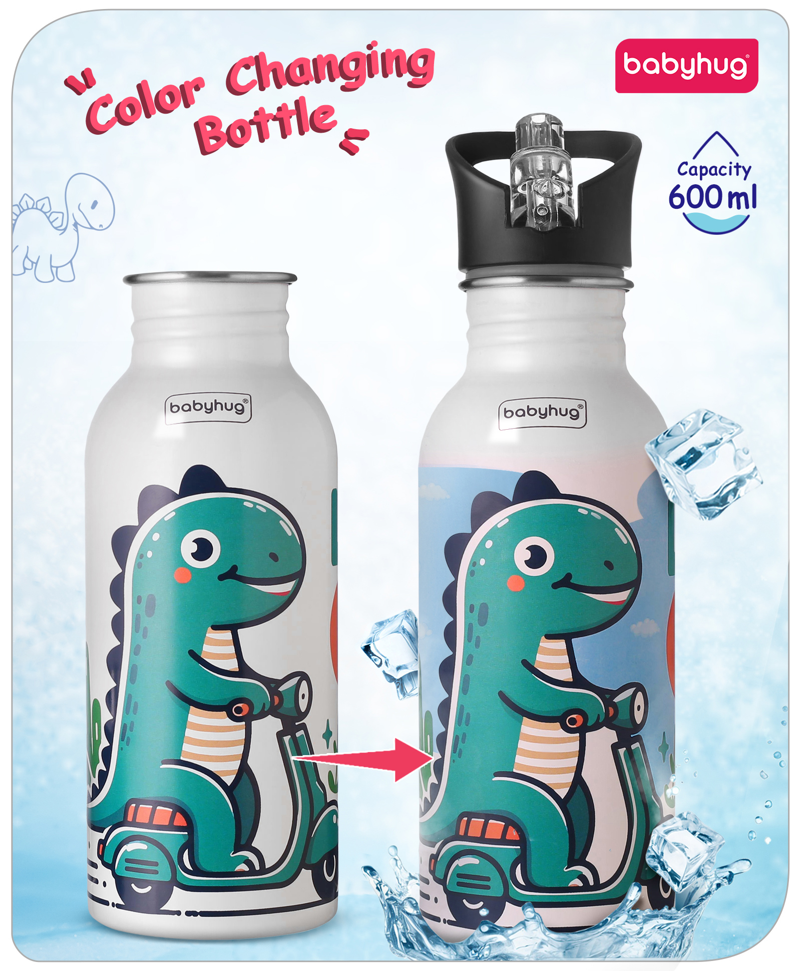 Babyhug Dino Theme Stainless Steel Color Changing Magic Bottle White - 600 ml