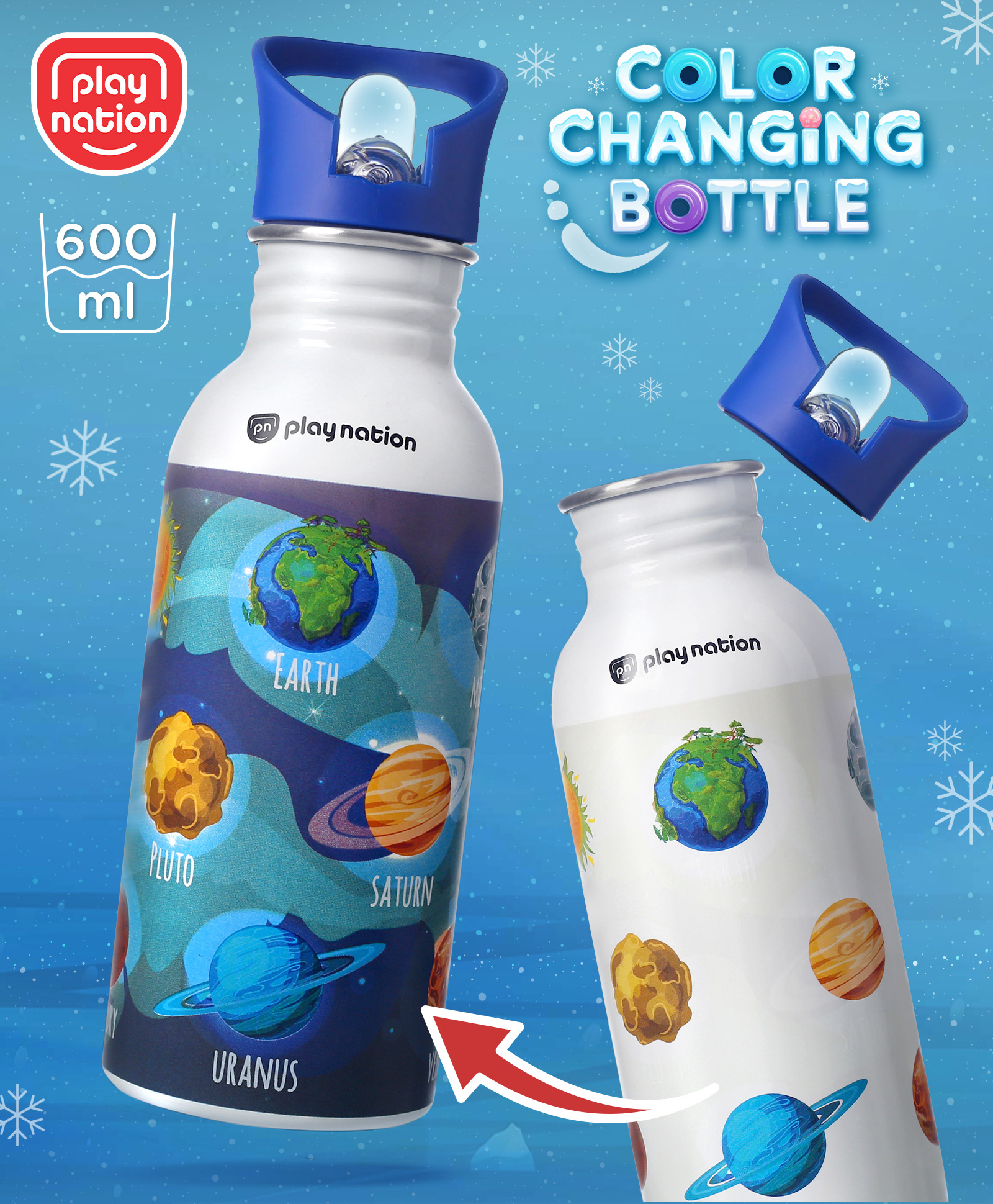 Play Nation Outer Space Theme Stainless Steel Color Changing Magic Bottle Blue - 600 ml