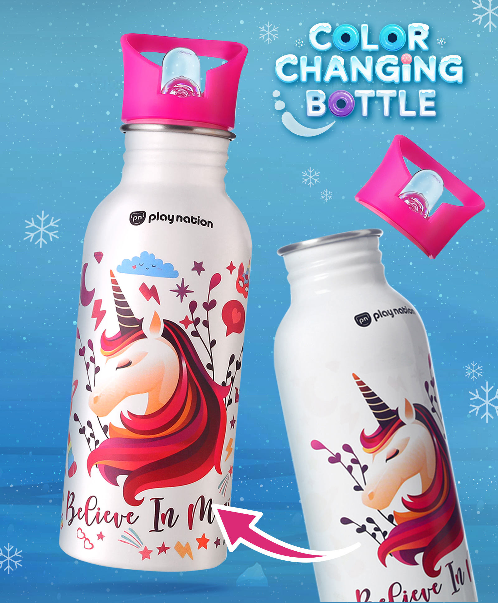 Play Nation Unicorn Theme Stainless Steel Color Changing Magic Bottle Pink - 600 ml