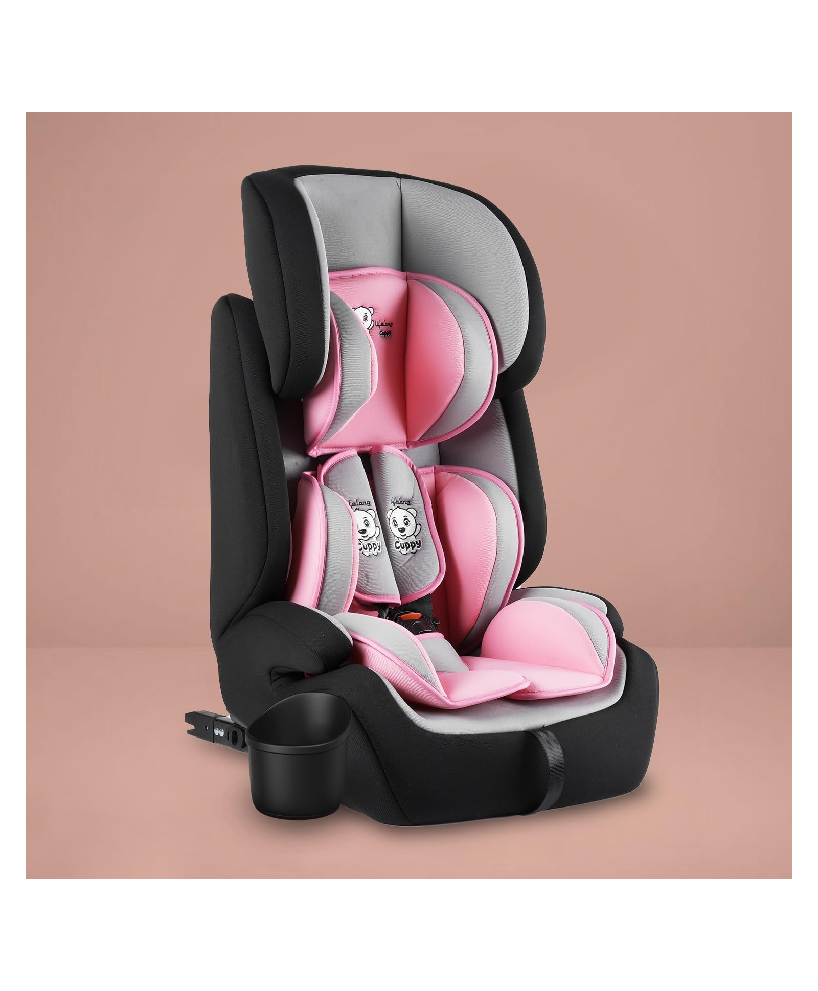 Lifelong Isofix Baby Seat Car with Cup Holder & Adjustable Headrest - Pink & Grey-image-1