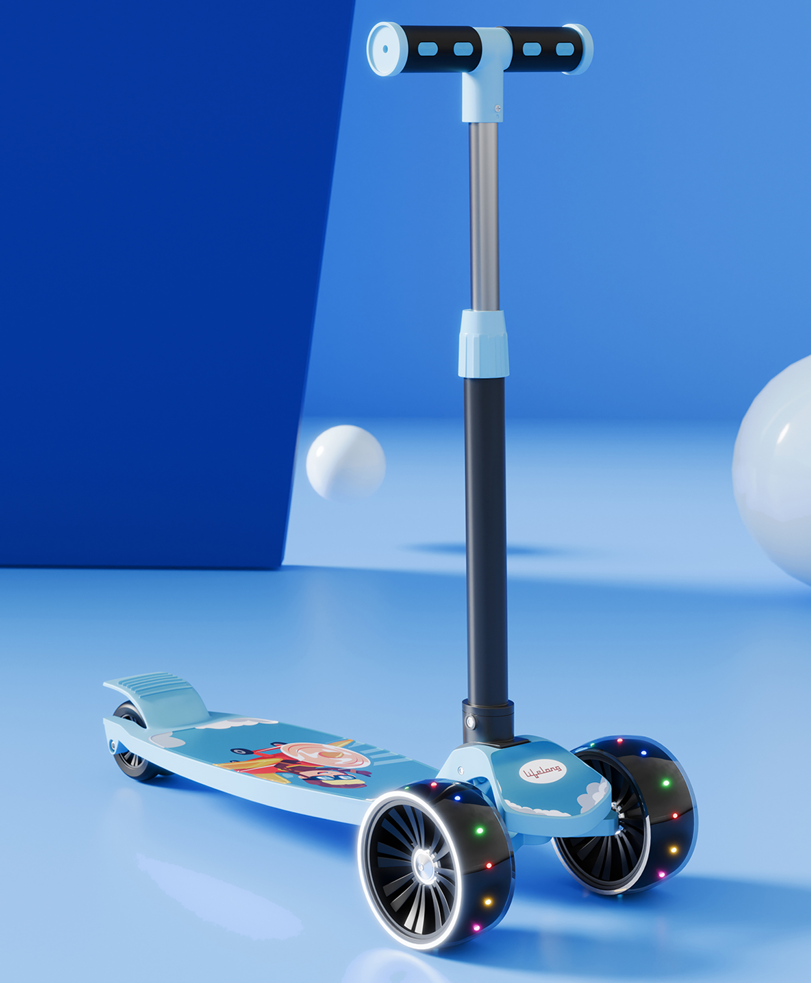 Lifelong Foldable Kids Scooter with with LED Wheels Wide Standing Deck & 4-Level Adjustable Handlebar - Blue & Black