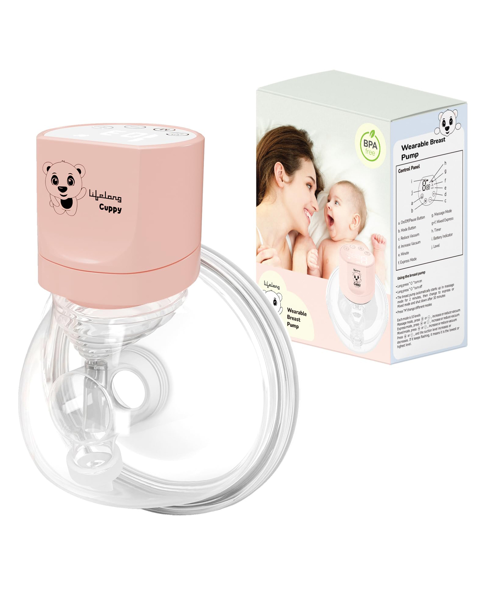 Lifelong Wearable Breast Pump for Feeding Mothers with 3 Modes 10 levels - Pink-image-3