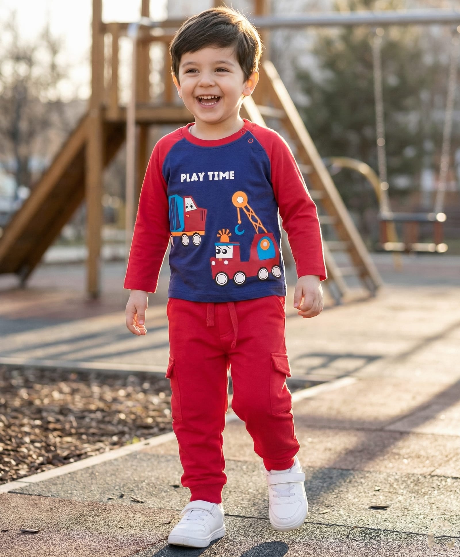 Babyhug Cotton Knit Raglan Sleeves T-Shirt & Lounge Pants Set With Vehicles Print - Red & Blue-image-48