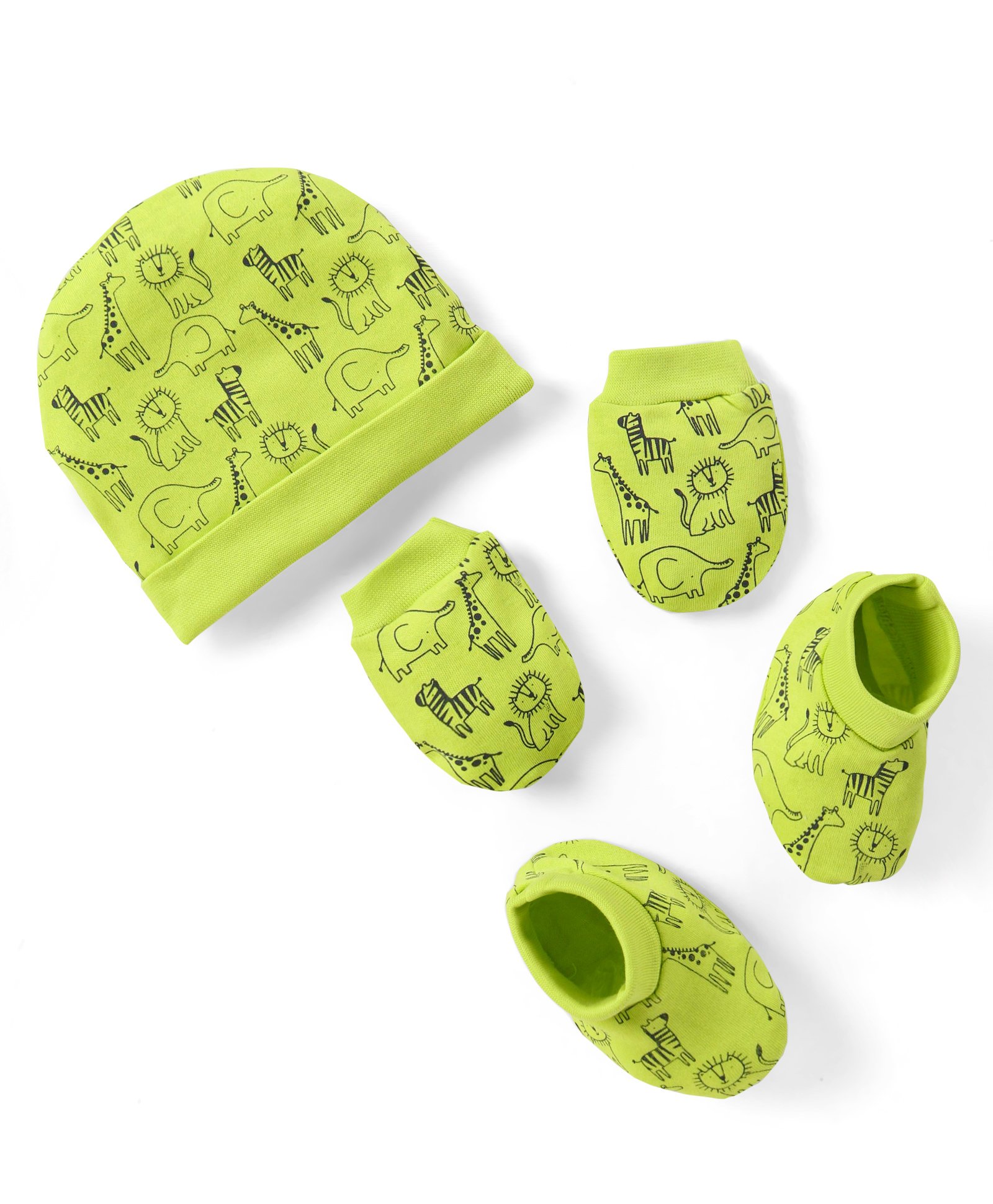 Doodle Poodle Interlock Cotton Knit Cap Mittens & Booties Set with Animals Print-Green-picture-49