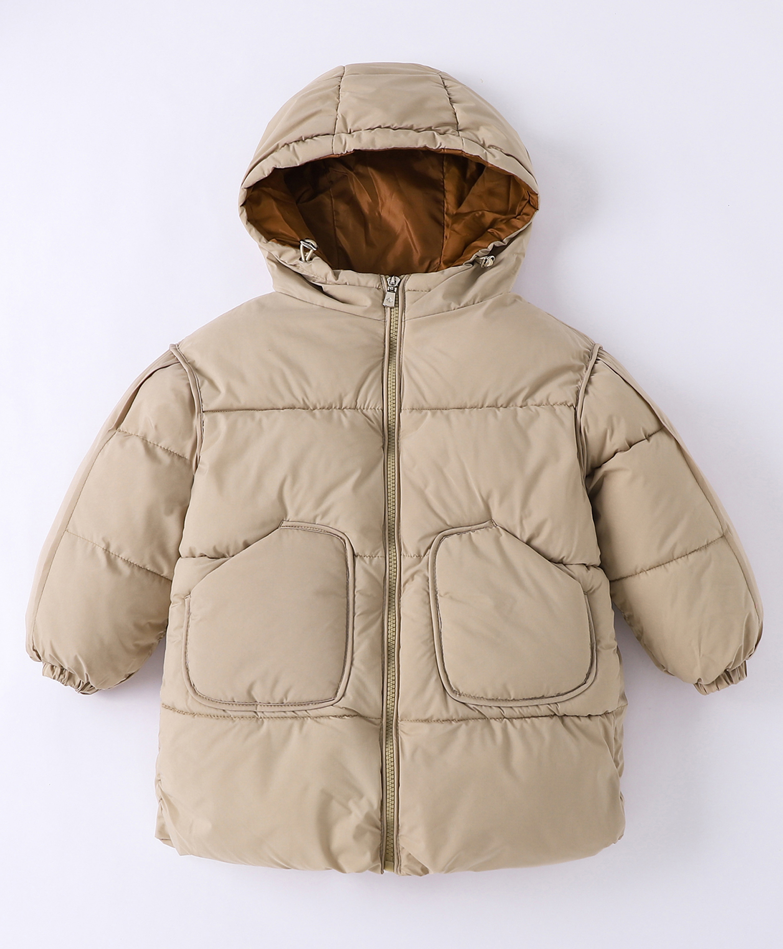 Kookie Kids Full Sleeves Front Open Padded Hooded Jacket with Quilted Design - Khaki-picture-27