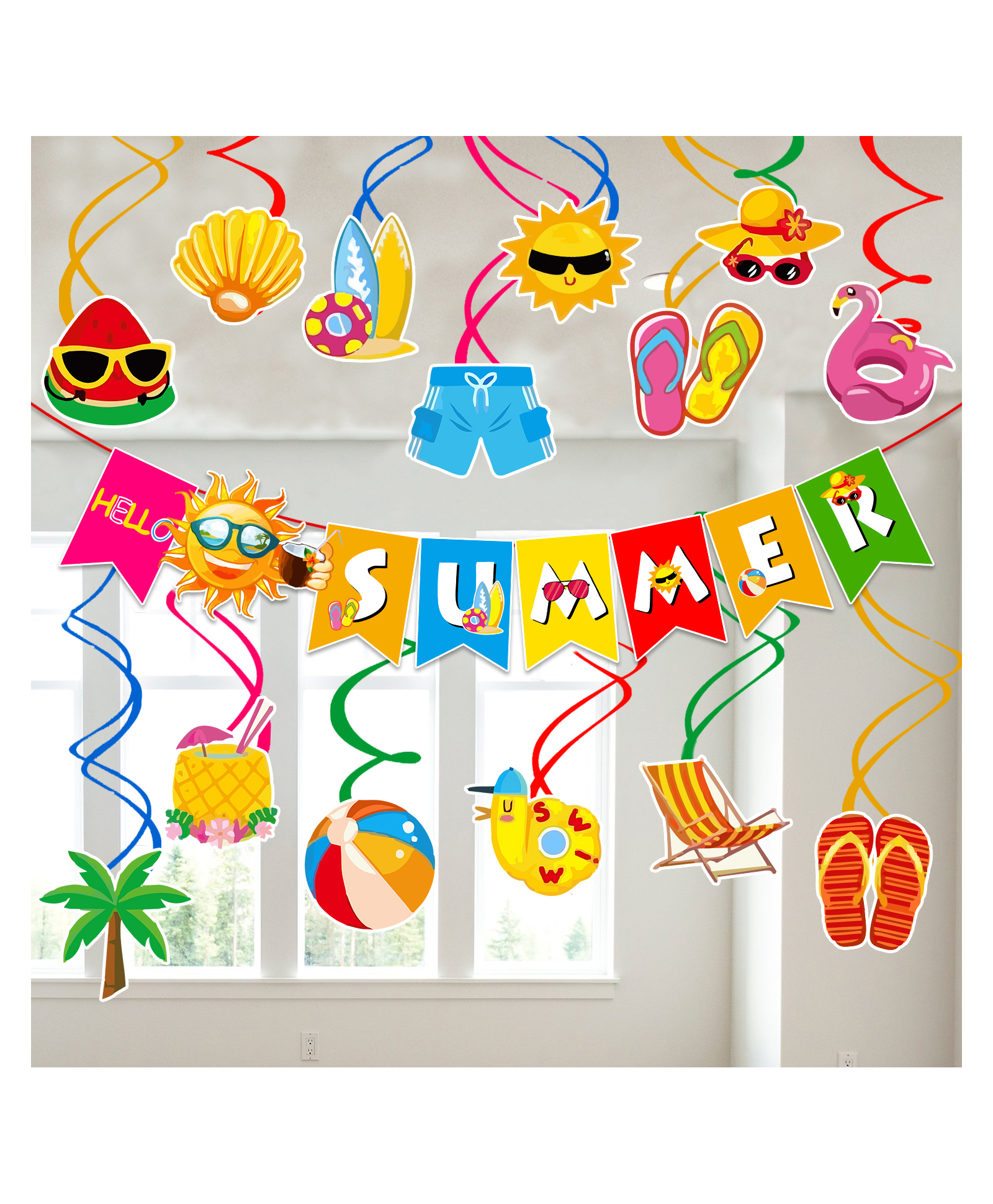 Zyozi Summer Pool Party Decorations Combo - Banner & Hanging Swirls, MultiColor (Pack Of 15)-image-4