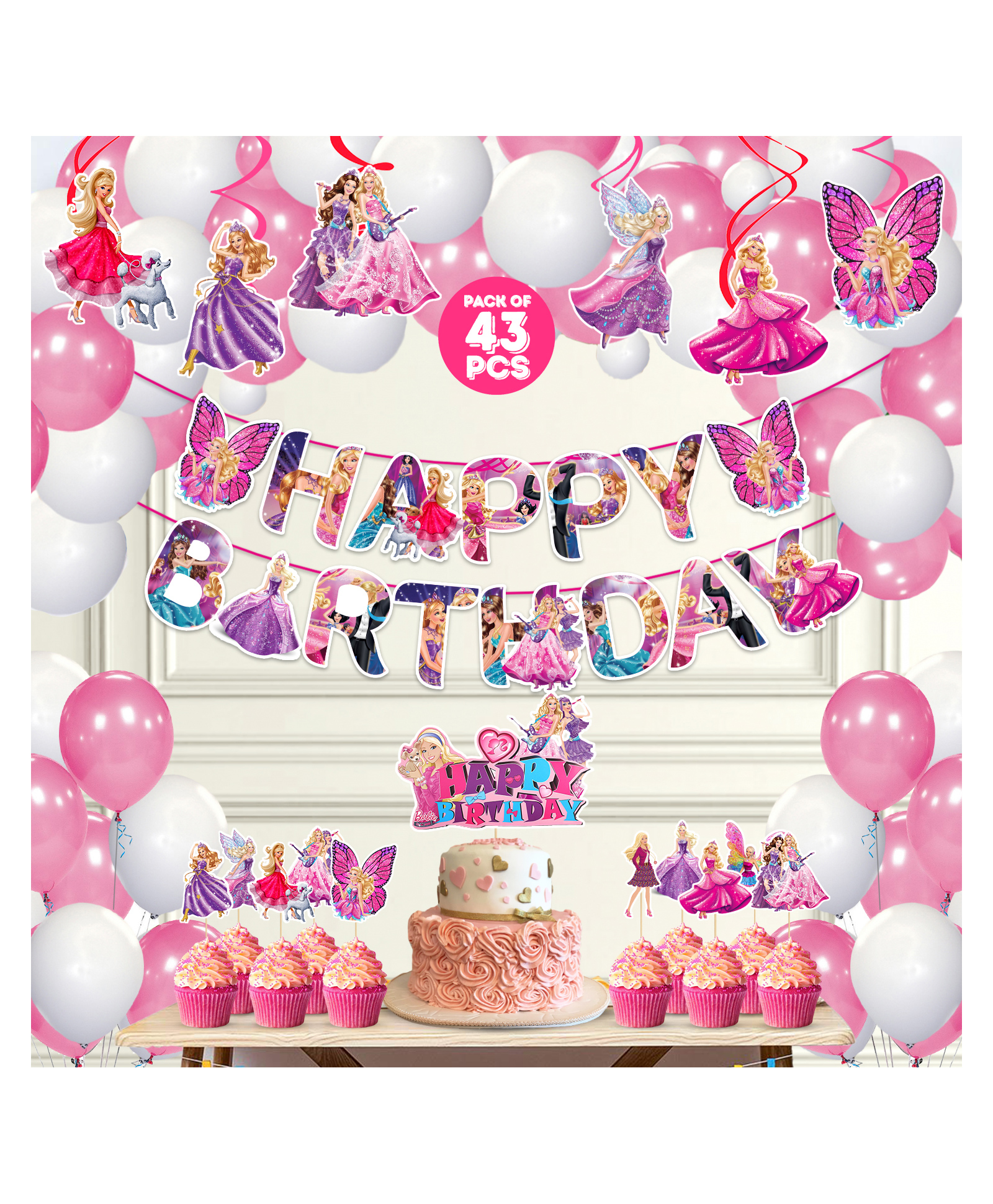 Zyozi Barby Princess Theme Birthday Decorations Set - Banner,Balloons,Cake & CupCake Topper with Swirls (Pack Of 43)-image-27