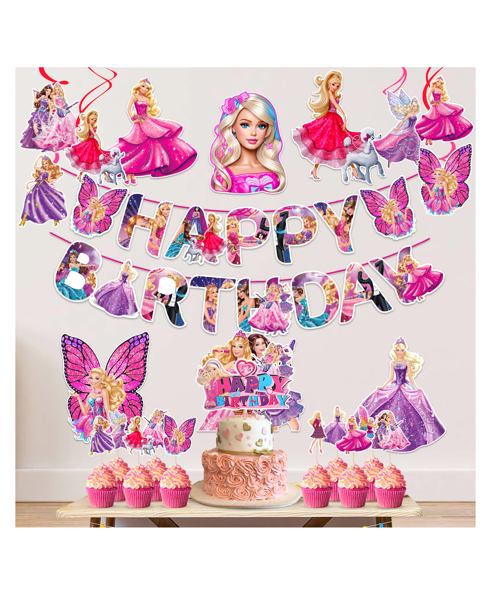 Zyozi Princess Theme Decorations For Baby Girls Birthday - Banner, Cardstock Cutout,Swirls Hanging,Cake & CupCake Topper (Pack Of 24)-image-3