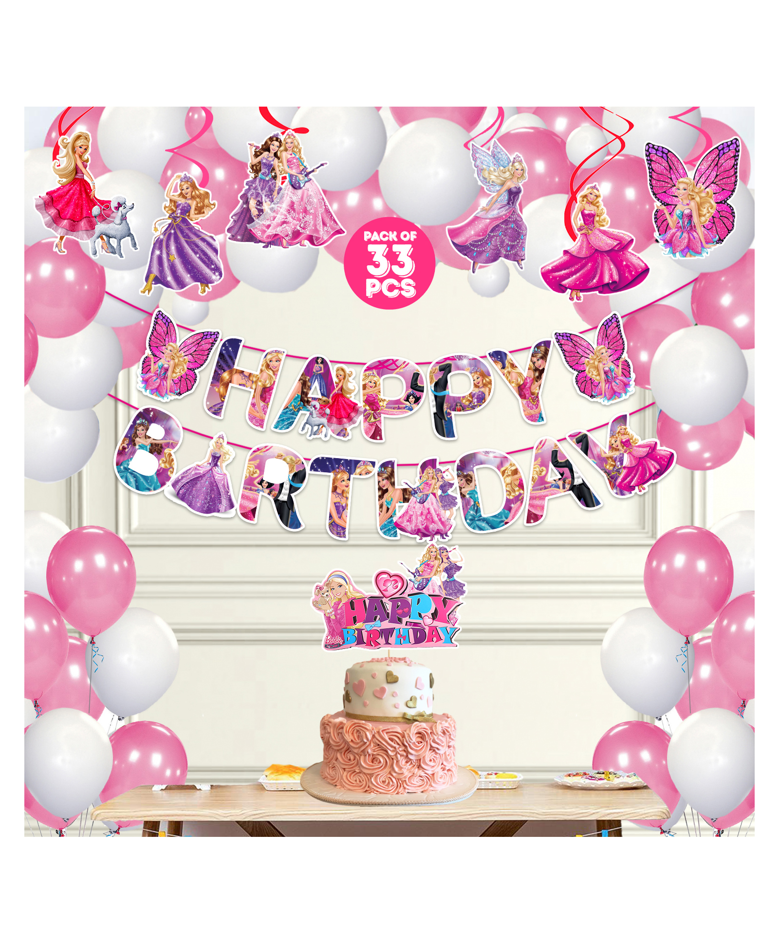 Zyozi Barby Princess Theme Decorations Girls Birthday- Banner, Balloons, Cake Topper & Swirls Hangings (Pack of 33)-image-19
