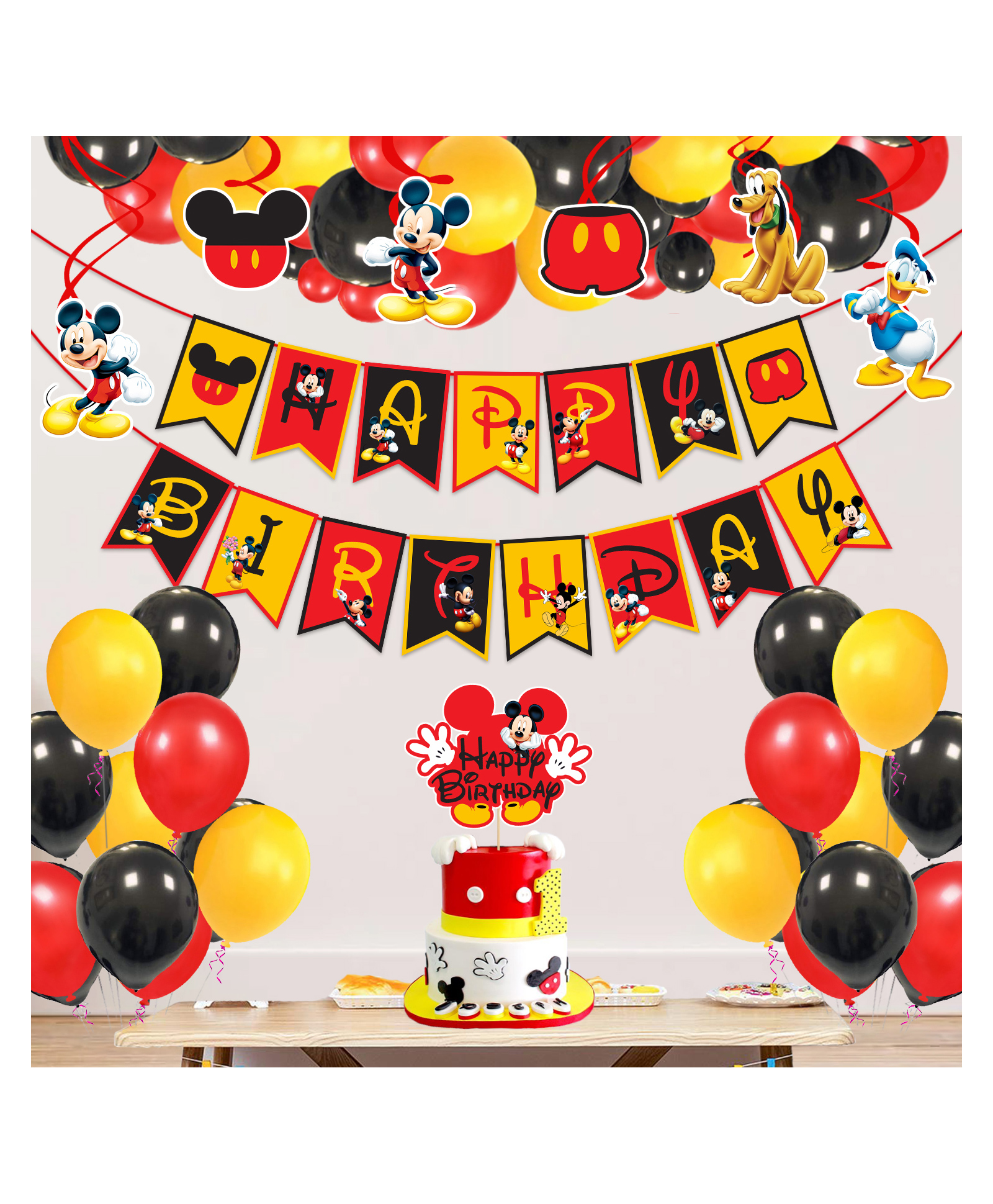 Zyozi Mikky Mouse Birthday Decorations Combo - Banner, Swirls Hanging, Balloons & Cake Topper (Pack Of 33)-image-28