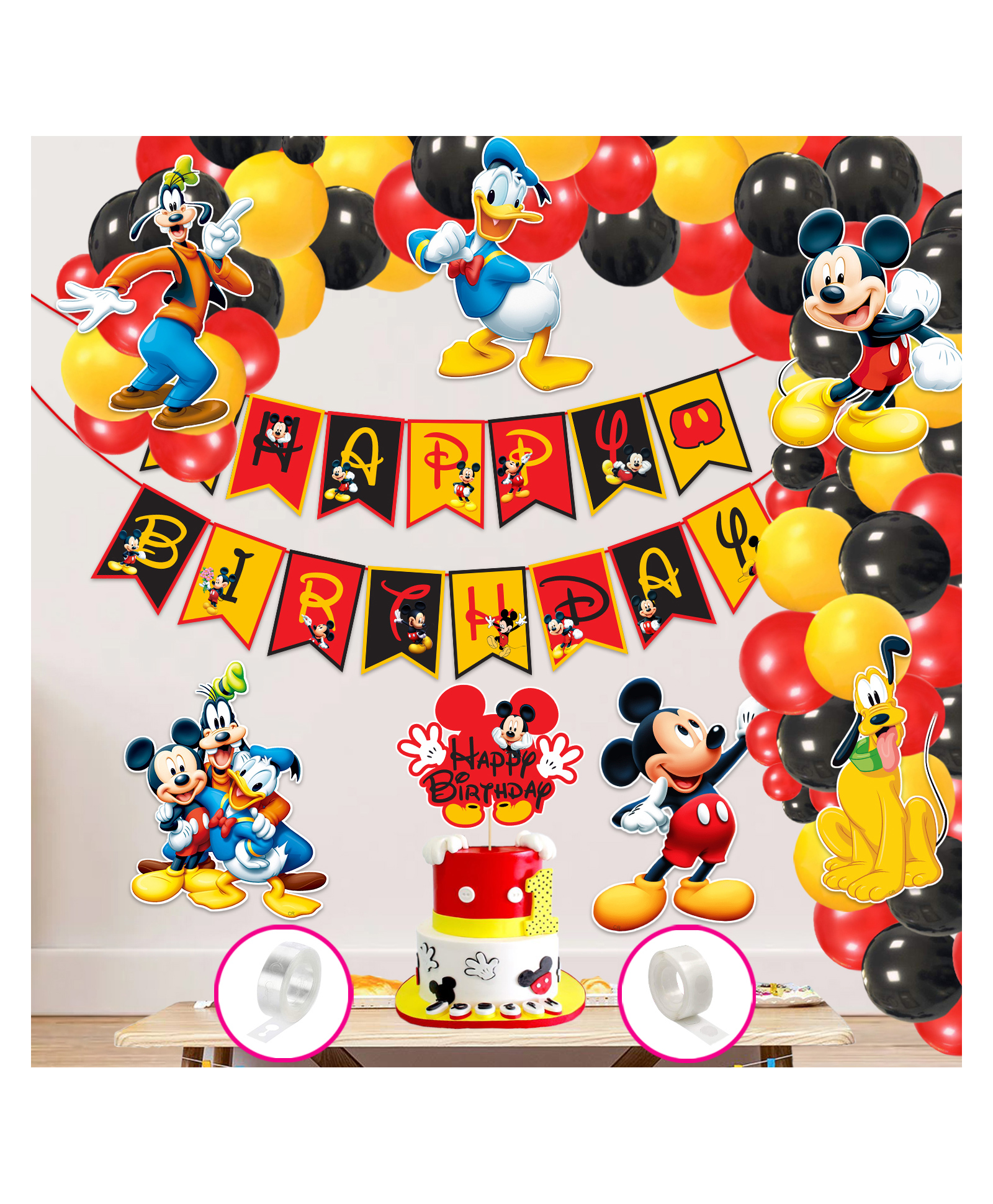 Zyozi Mikky Theme Birthday Decorations Combo - Banner, Balloons, Cardstock Cutout, Cake Topper with Glue Dot & Arch (Pack Of 60)-image-1