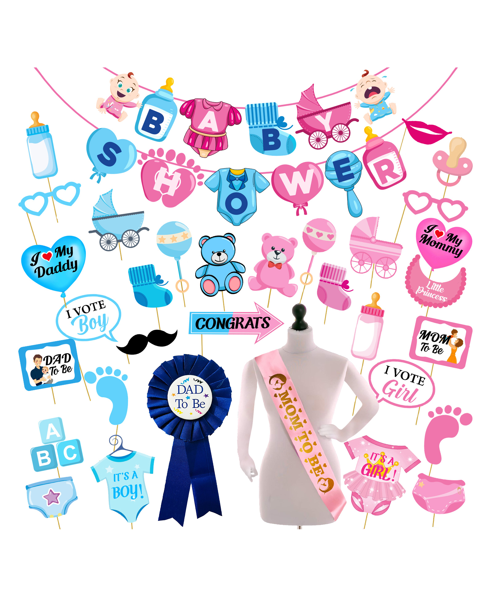 Zyozi Baby Shower Decorations Combo Banner, Photo Booth Props, Dad To Be Badges & Mom To Be Sash (Pack Of 33)-picture-17