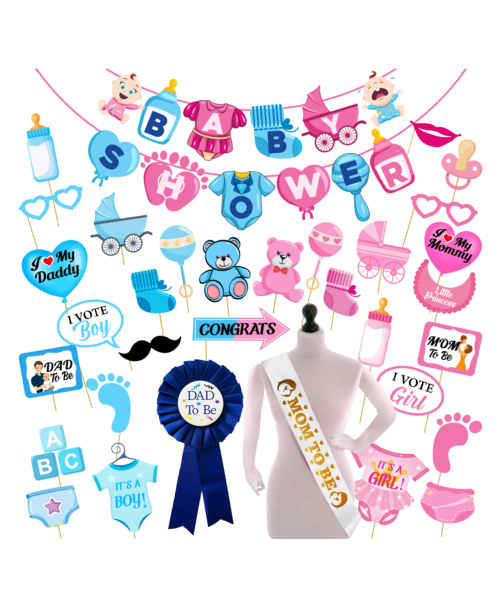 Zyozi Baby Shower Decorations Kit Banner, Photo Booth Props, Badge & Sash (Pack of 33)-picture-18