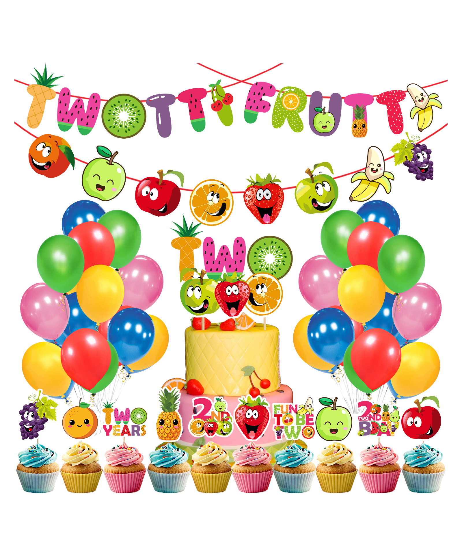 Zyozi Twotti Frutti 2nd Birthday Decorations Set, Banner Balloons Cake & CupCake Topper Character Banner (Pack of 38)-image-4