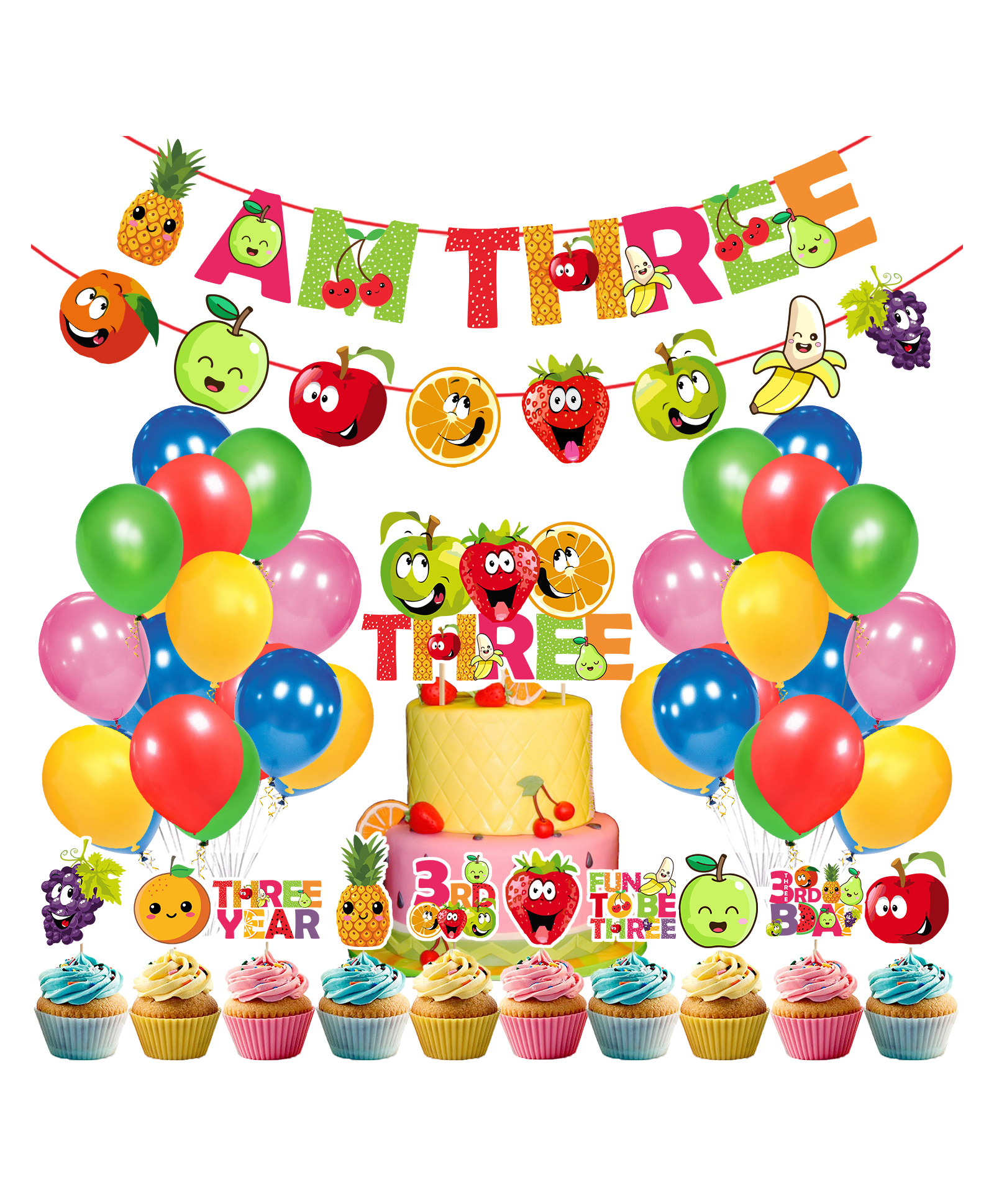 Zyozi Fruit Theme 3rd Birthday Decorations Kit Banner Balloons Cake & CupCake Topper Character Banner MultiColor - 38pcs-image-45