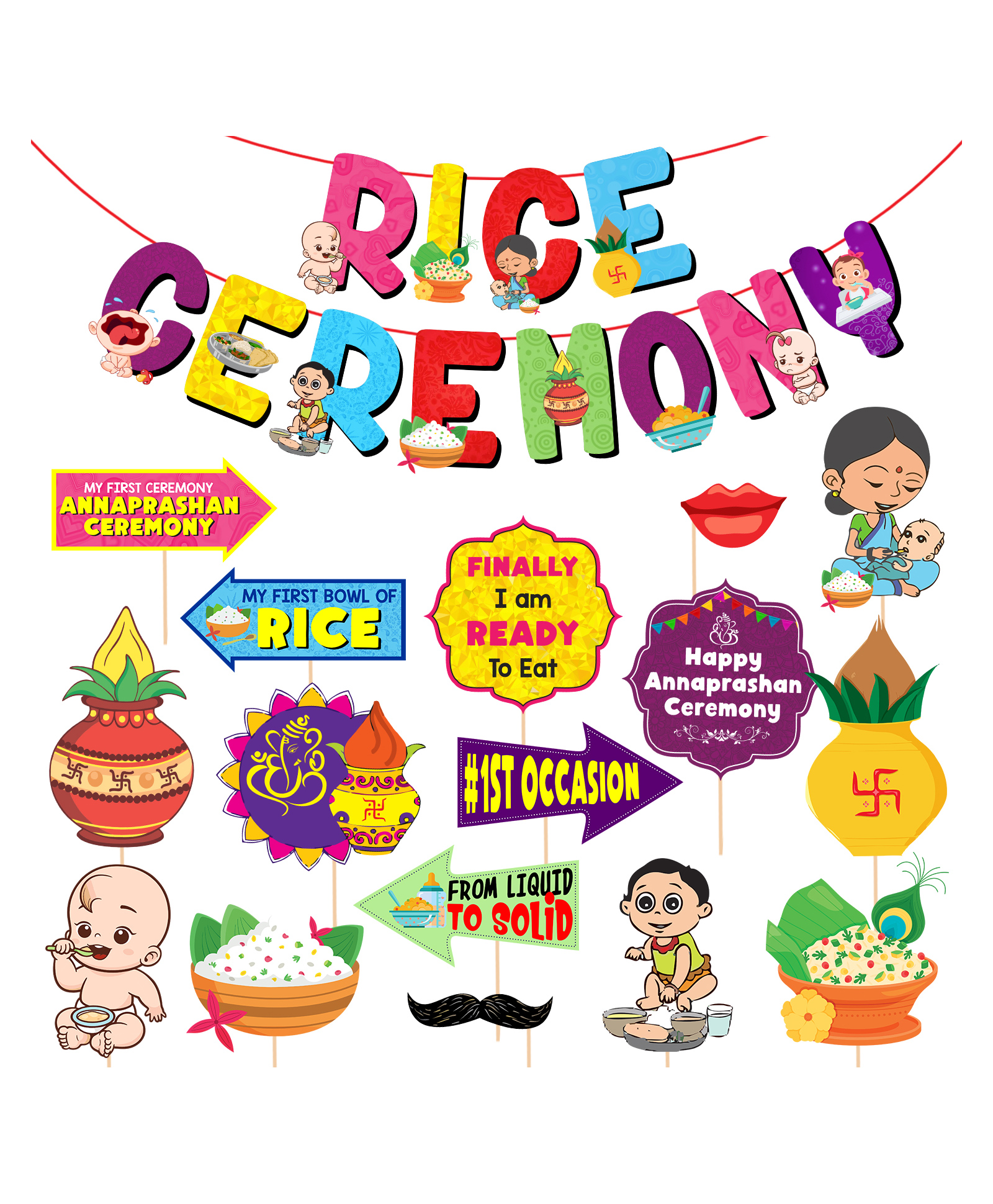 Zyozi Annaprasanam Photo Booth Props & Rice Ceremony Banner MultiColor - 17 PCS-image-39