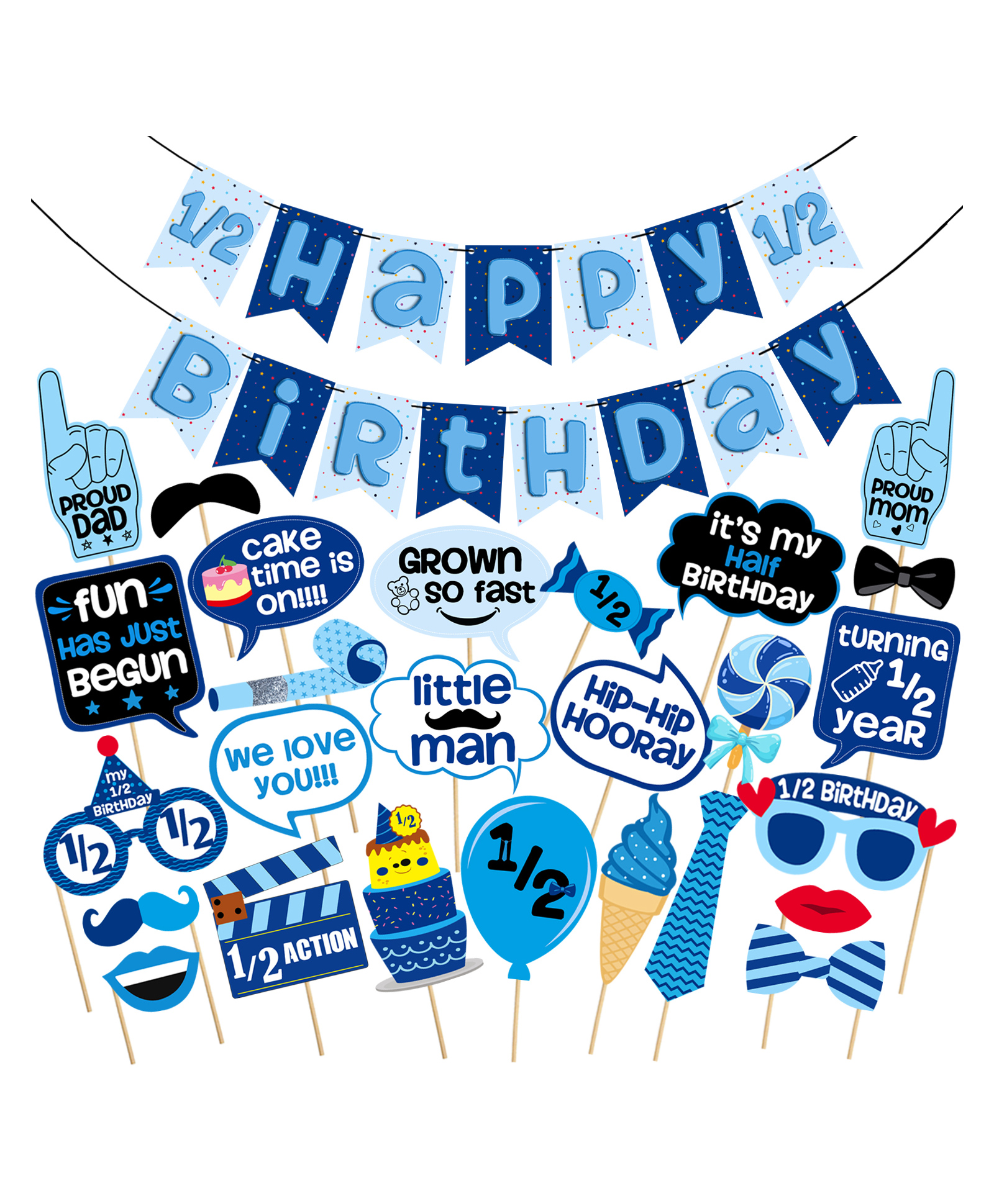 Zyozi Half Birthday Decorations Combo Banner and Photo Booth Props Blue and White (Pack Of 27)-image-37