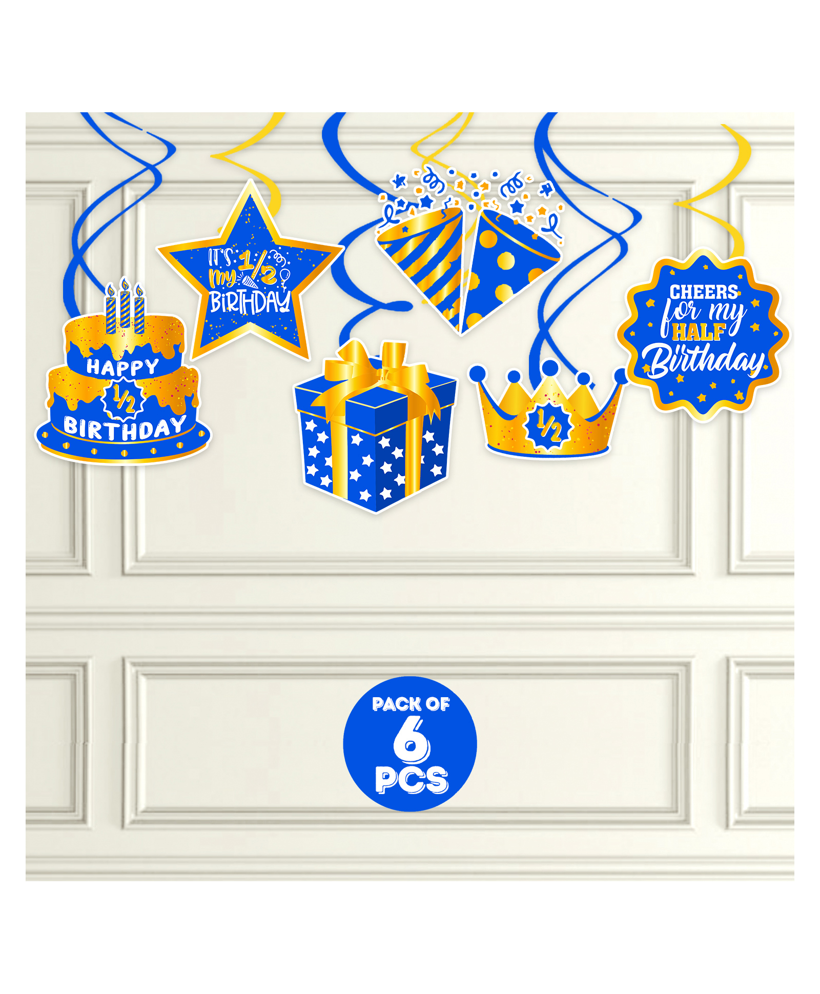 Zyozi 6 Pcs Half Birthday Hanging Swirls 1/2 Birthday Party Decorations Kit Blue and Gold-image-31