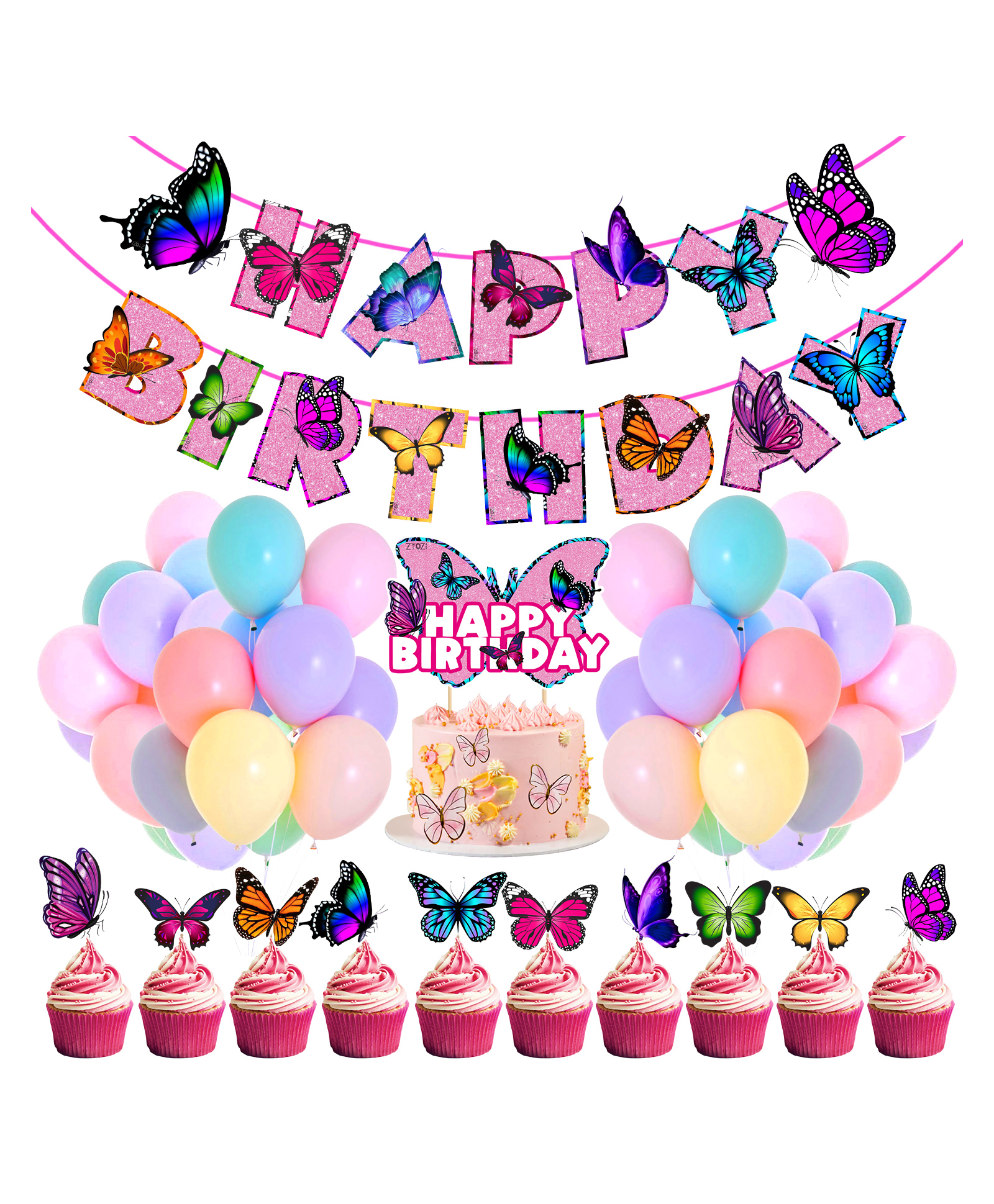 ZYOZI Butterfly Theme Birthday Party Decoration Banner Balloons Cake Topper and Cupcake Topper Pink (Pack Of 37)-image-19