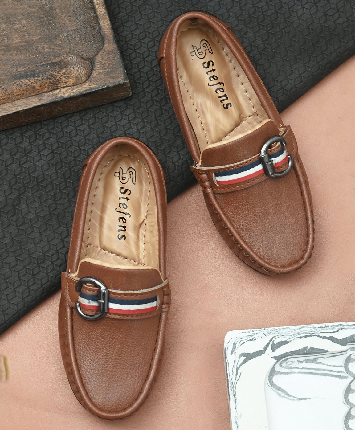Stefens Synthetic Self Design Loafers - Tan