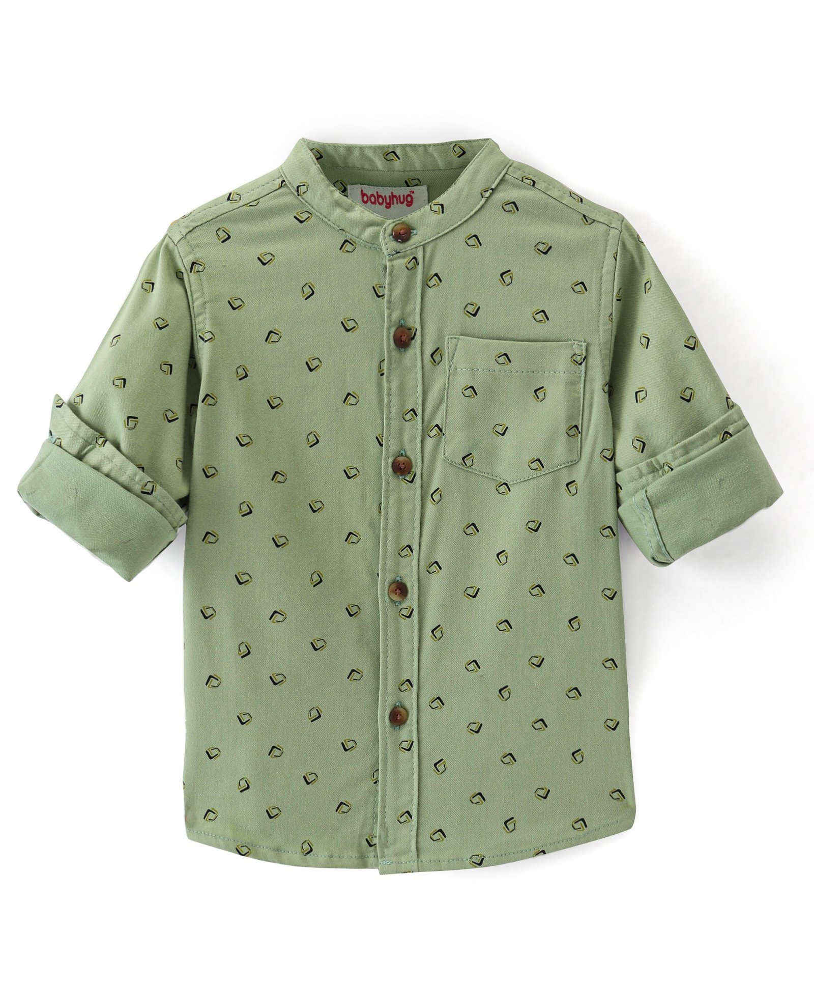 Babyhug Cotton Woven Full Sleeves Mandarin Collared Printed Shirt - Green-image-1