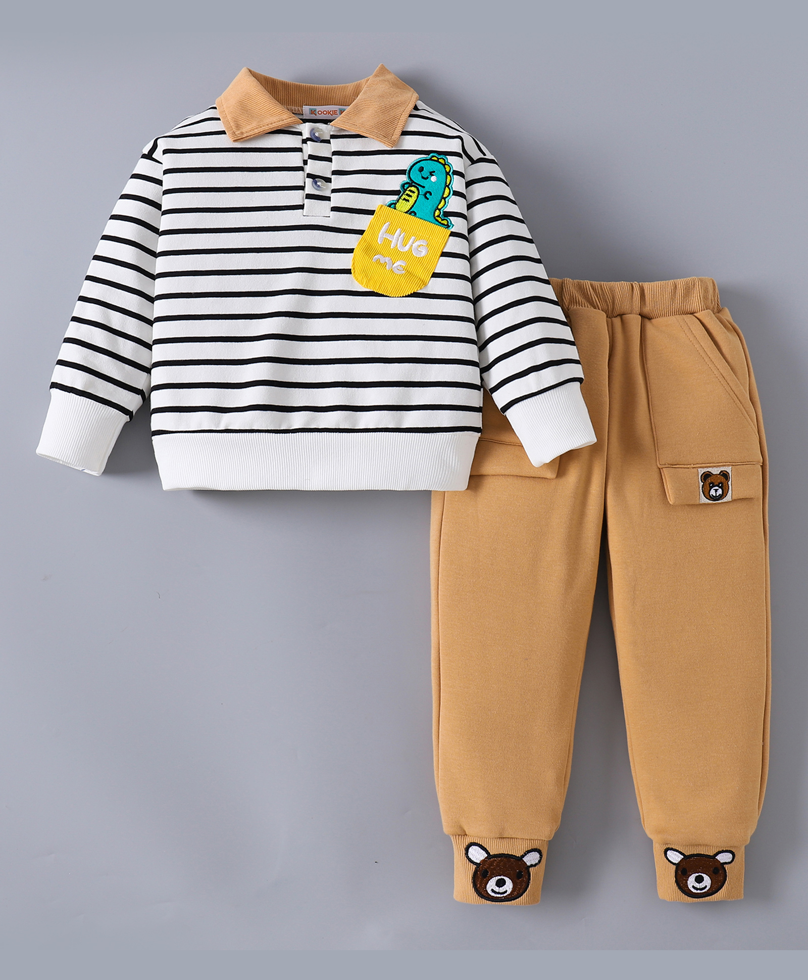 Kookie Kids Full Sleeves WinterWear Striped T-Shirt & Lounge Pant Set with Dino & Bear Patch & Embroidery- White-picture-12