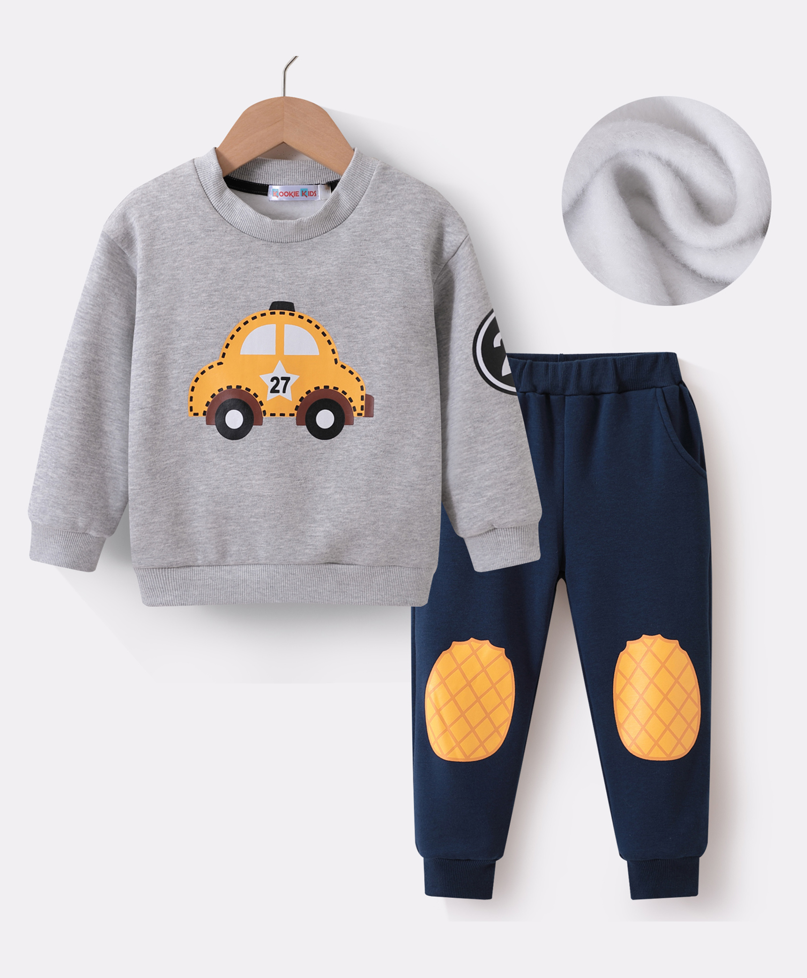 Kookie Kids Full Sleeves Winter T-Shirt & Lounge Pant With Car Print - Light Grey-picture-14