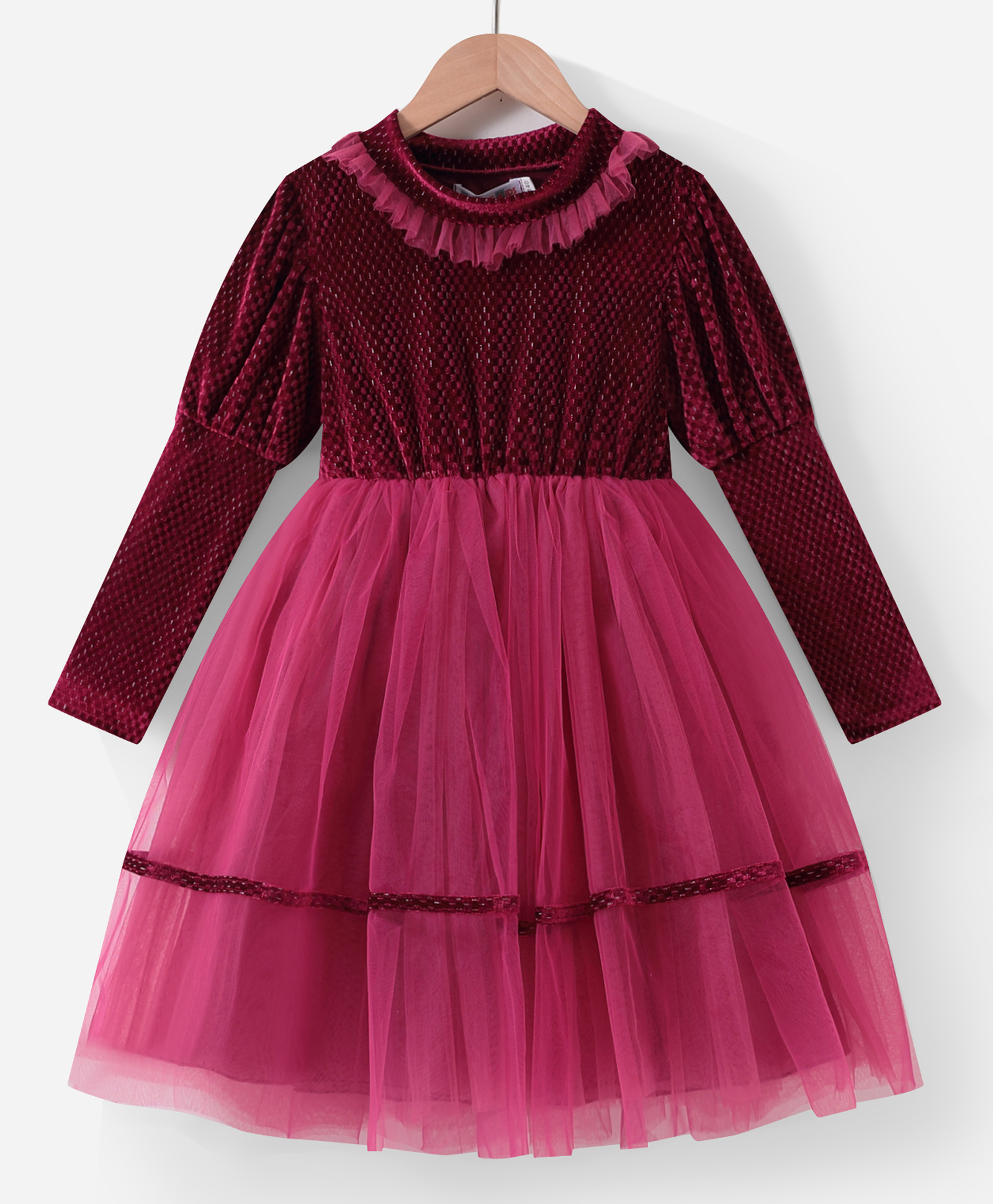 Kookie Kids Full Sleeves Solid Colour Shimmered Party Frock with Frill Detailing - Maroon-picture-21