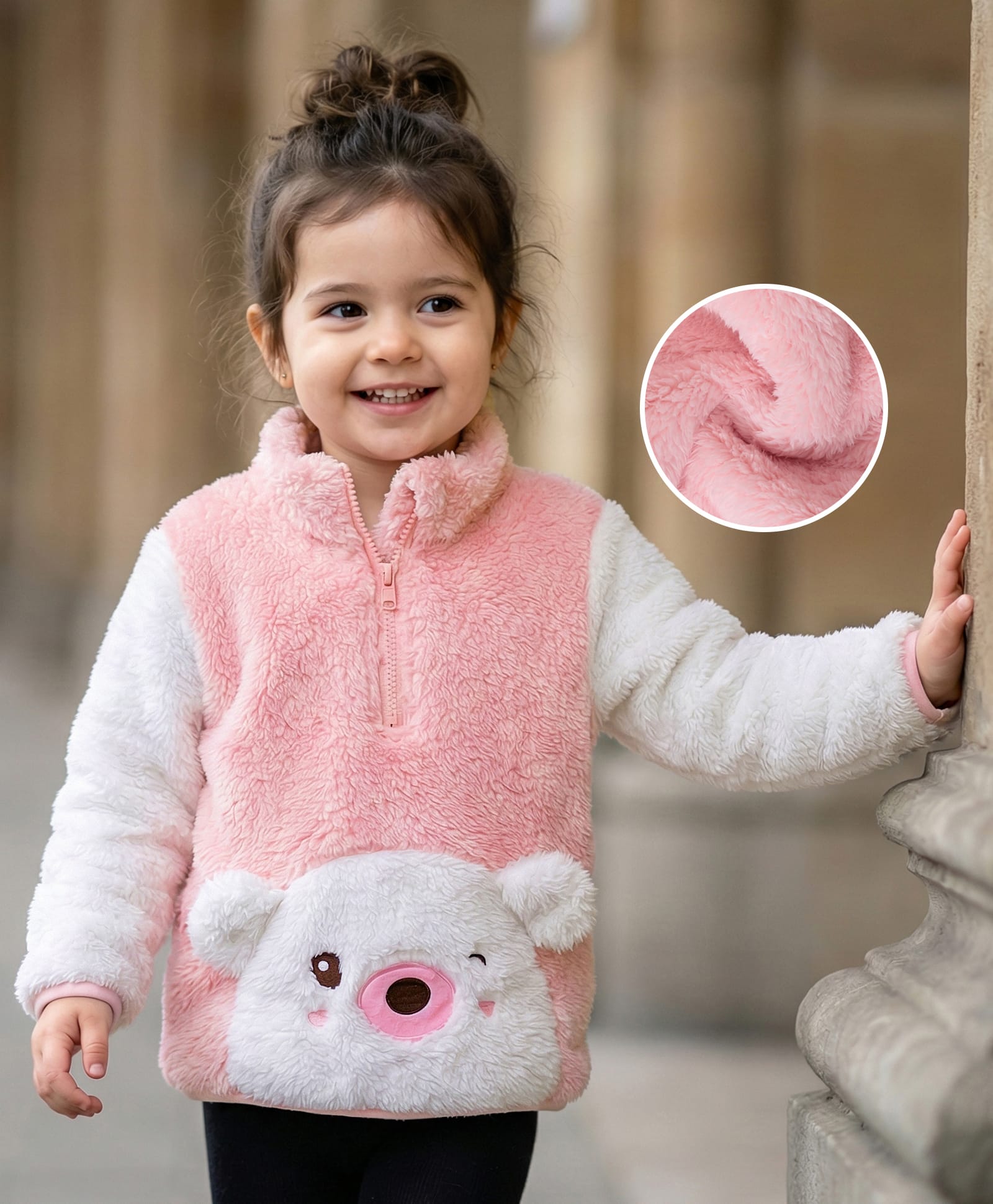 Kookie Kids Winter Wear Full Sleeves Sweatshirt with Fur Detailing & Teddy Bear Applique - Pink-image-49