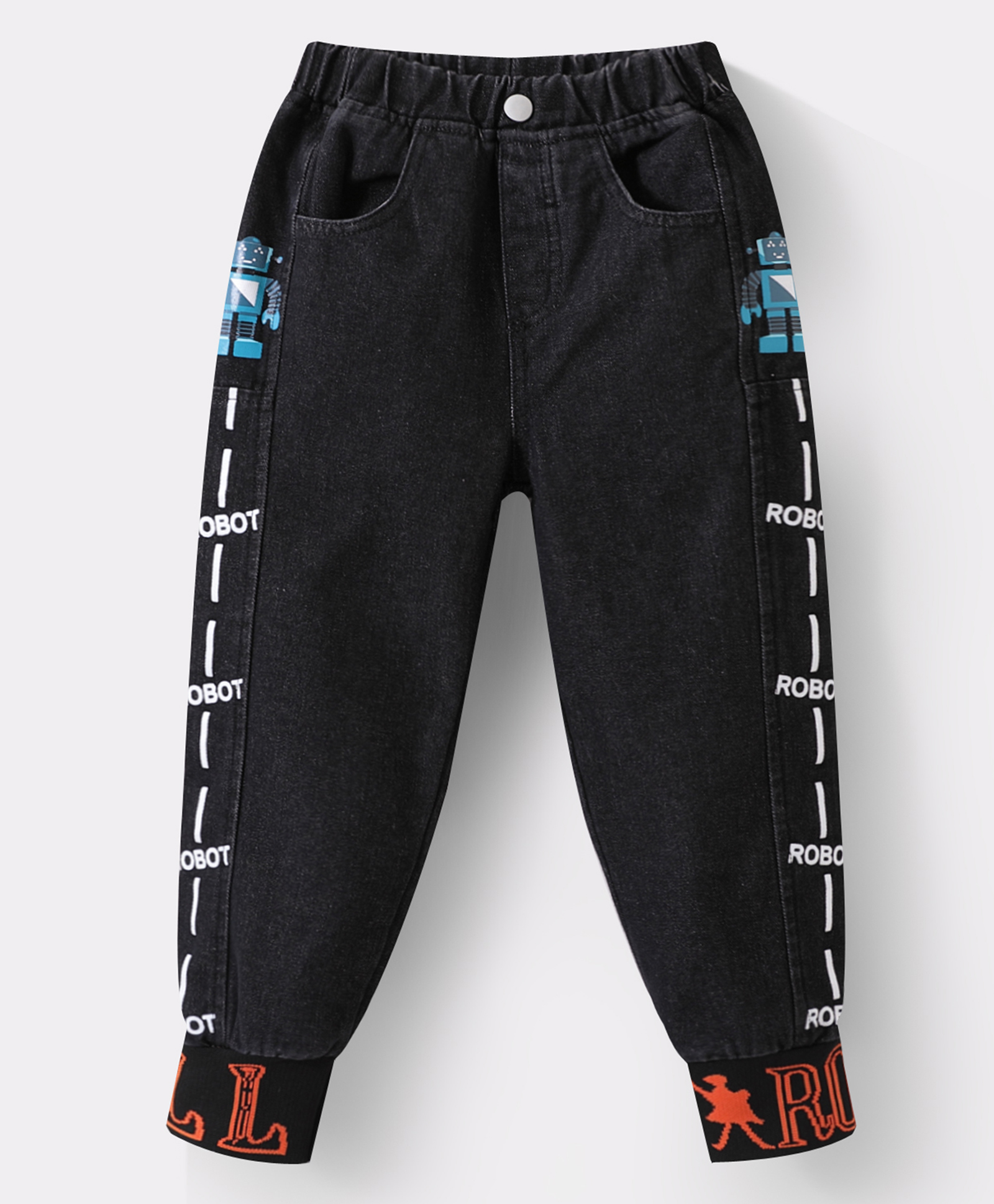 Kookie Kids Denim Full Length Jeans With Robot Print - Black-picture-21
