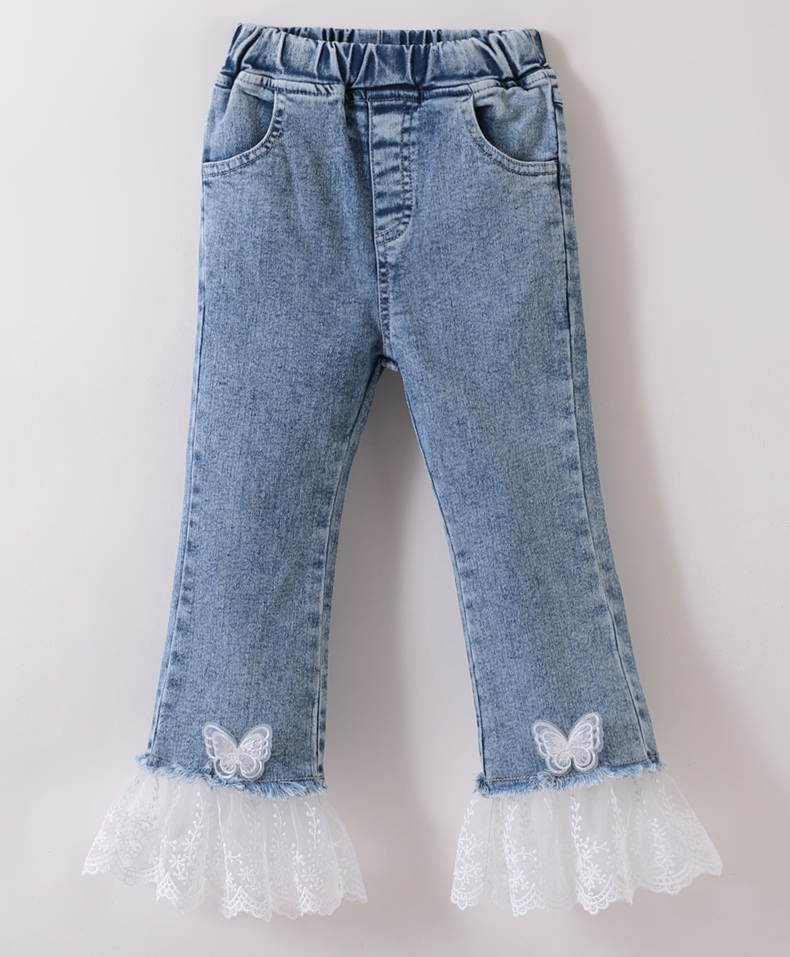 Kookie Kids Full Length Denim Jeans with Frill Detailing & Butterfly Applique - Blue-image-5