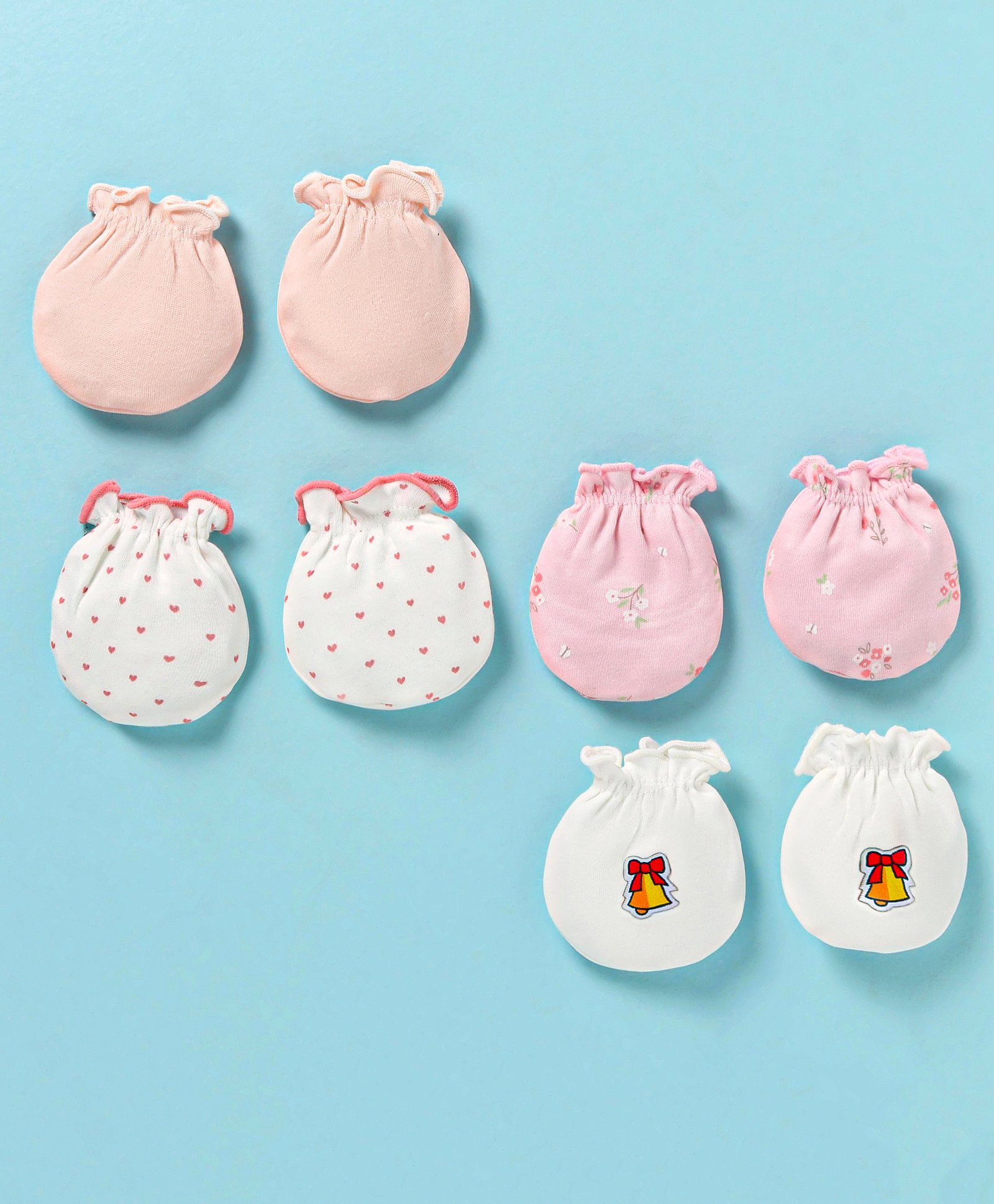 Ben Benny Interlock Knit Heart & Floral Printed Mittens Pack of 4 - Light Pink & White-image-38