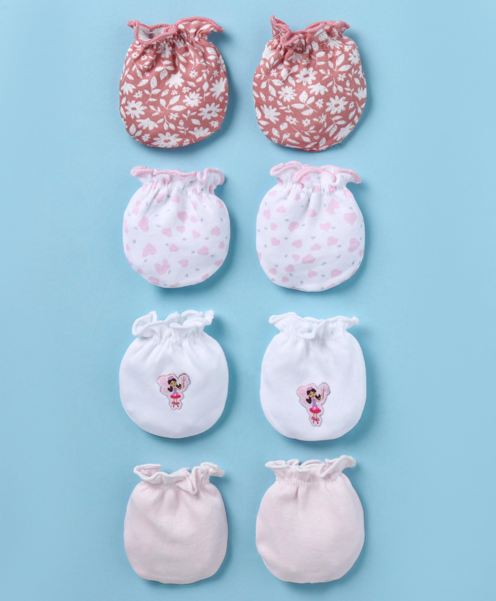Ben Benny Interlock Knit Solid Color Floral & Heart Printed Mittens Pack of 4 - White Pink & Peach-picture-27