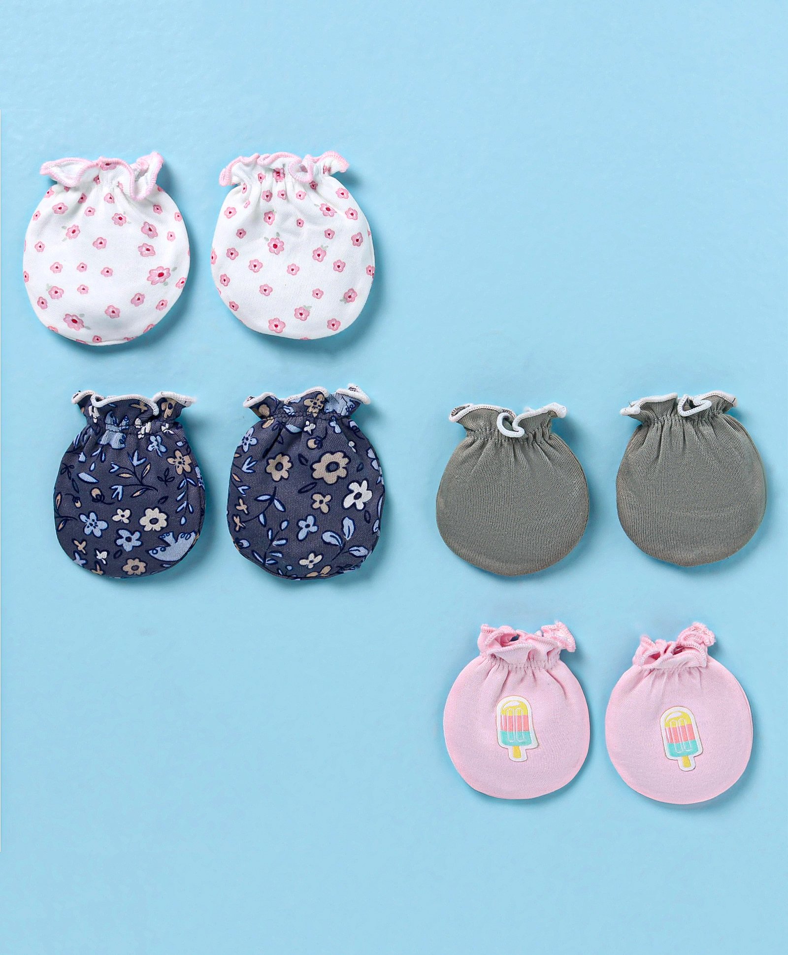 Ben Benny Interlock Knit Solid Color & Floral Printed Mittens Pack of 4 - White Blue & Pink-picture-25