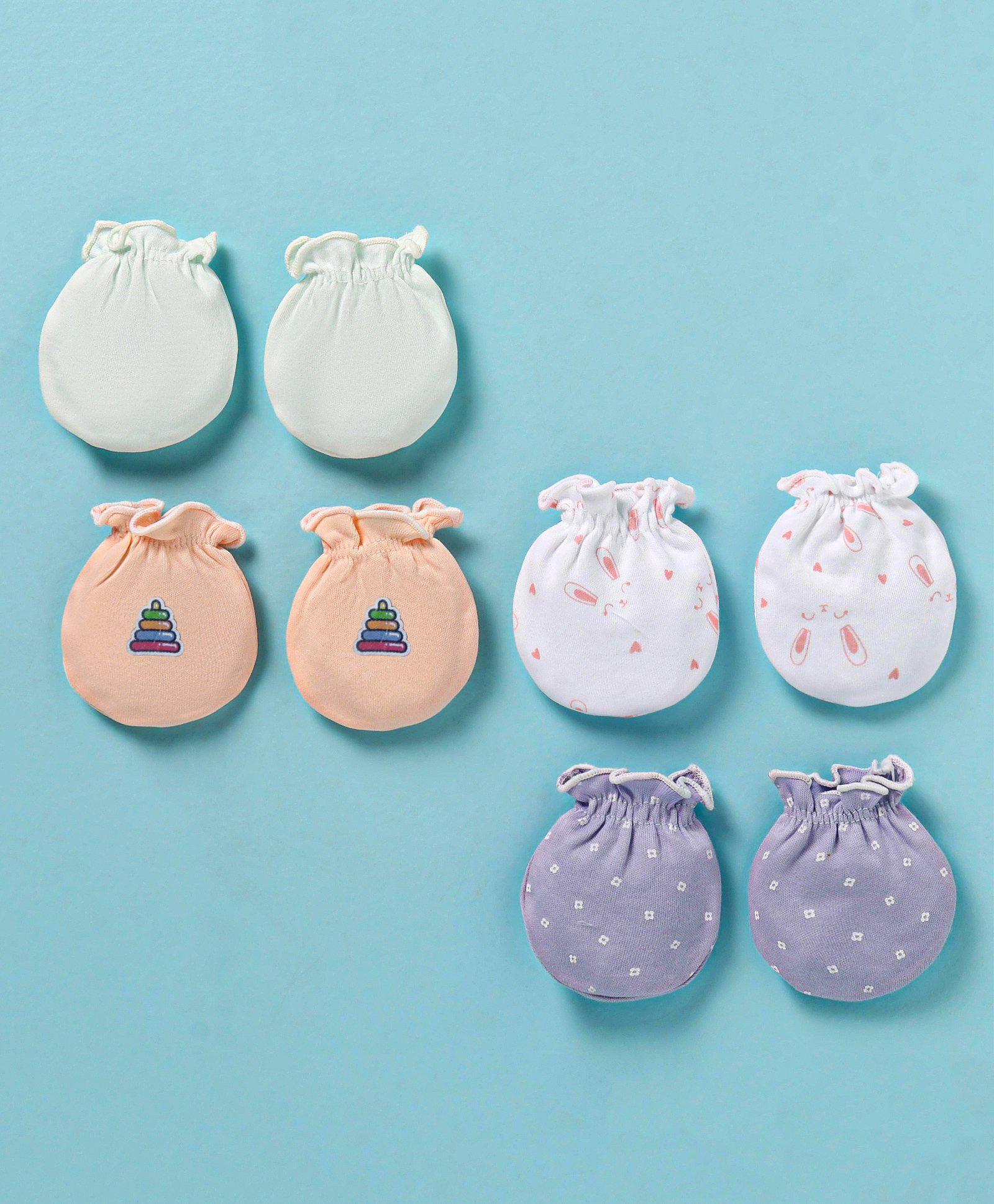 Ben Benny Interlock Mittens Solid Rabbit & Floral Print Pack of 4 - Peach White & Blue-image-27