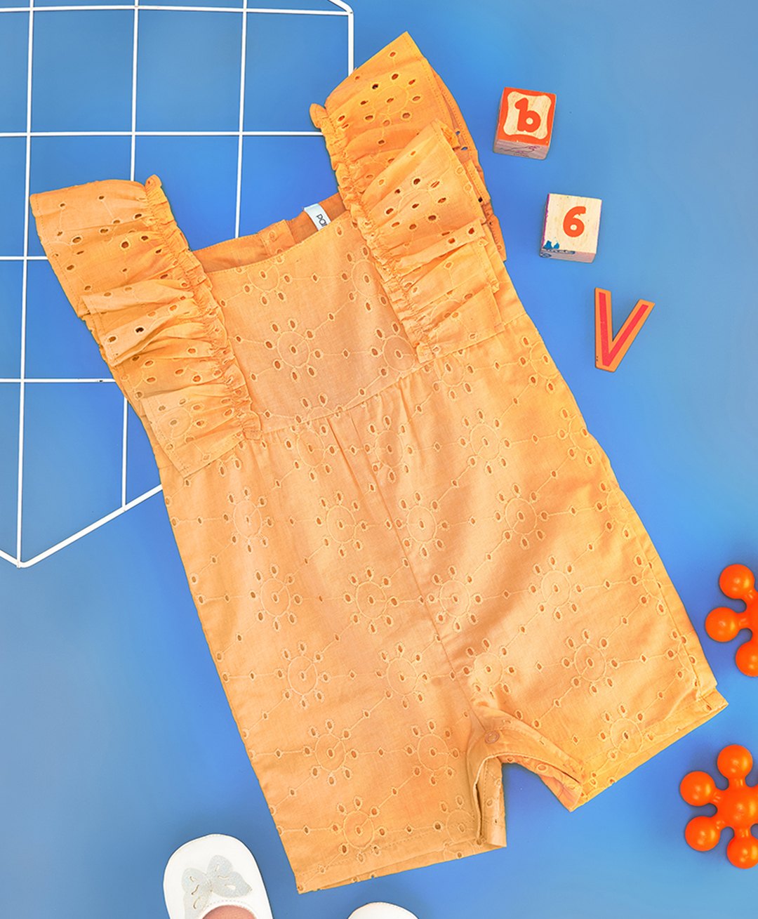 Pantaloons Baby Sleeveless Frill Detailed Schiffli Embroidered Jumpsuit - Coral-image-2