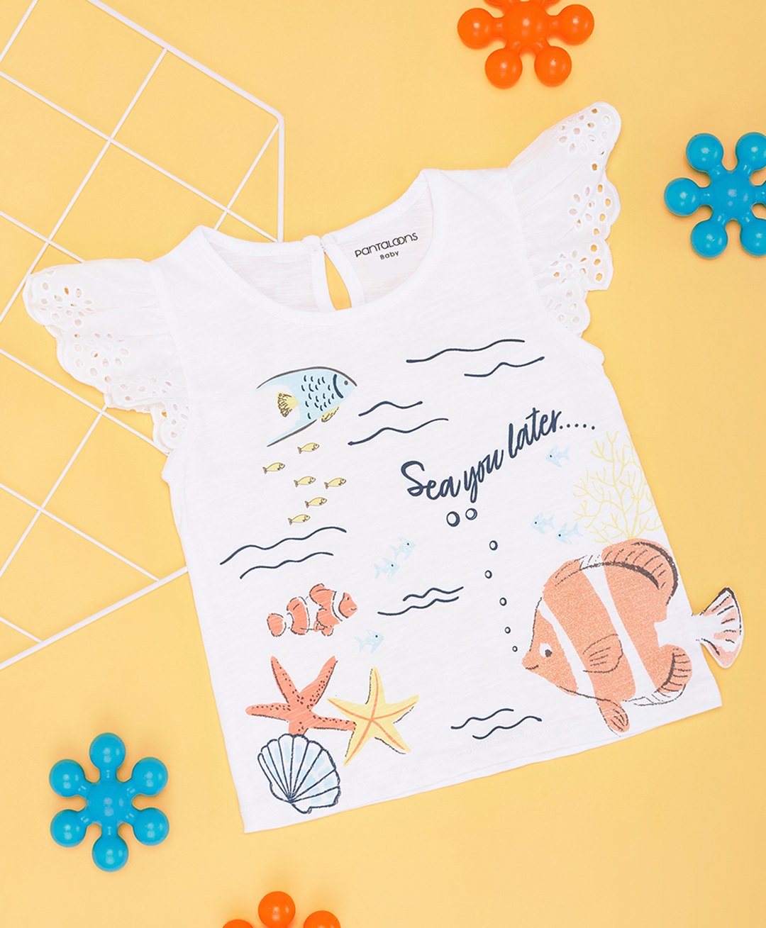 Pantaloons Baby Sleeveless Frill Detailed Sea Life Theme Printed Tee - White-image-19