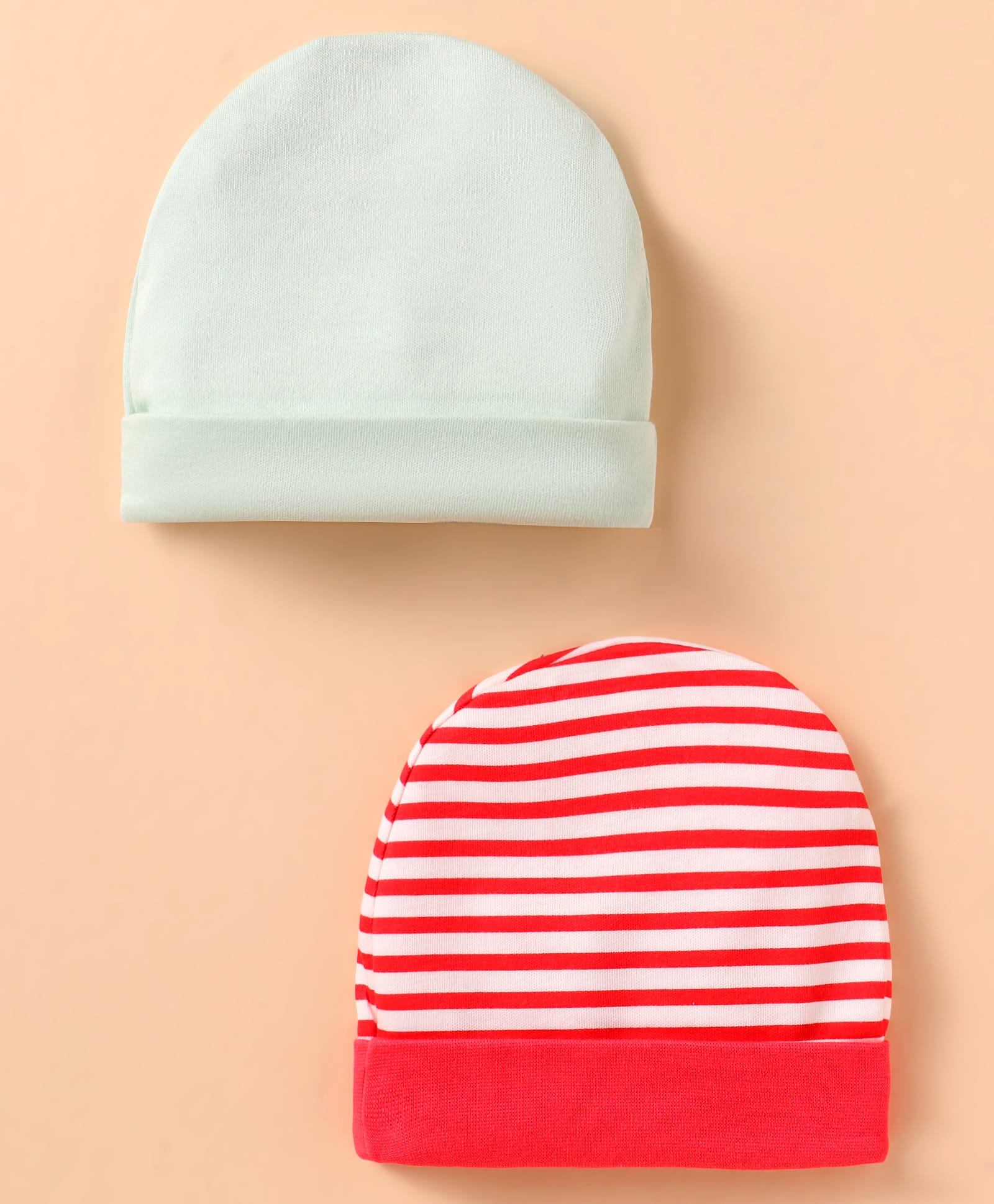 ben benny interlock knit caps with stripes pack of 2 white & pastel green - diameter 10 cm